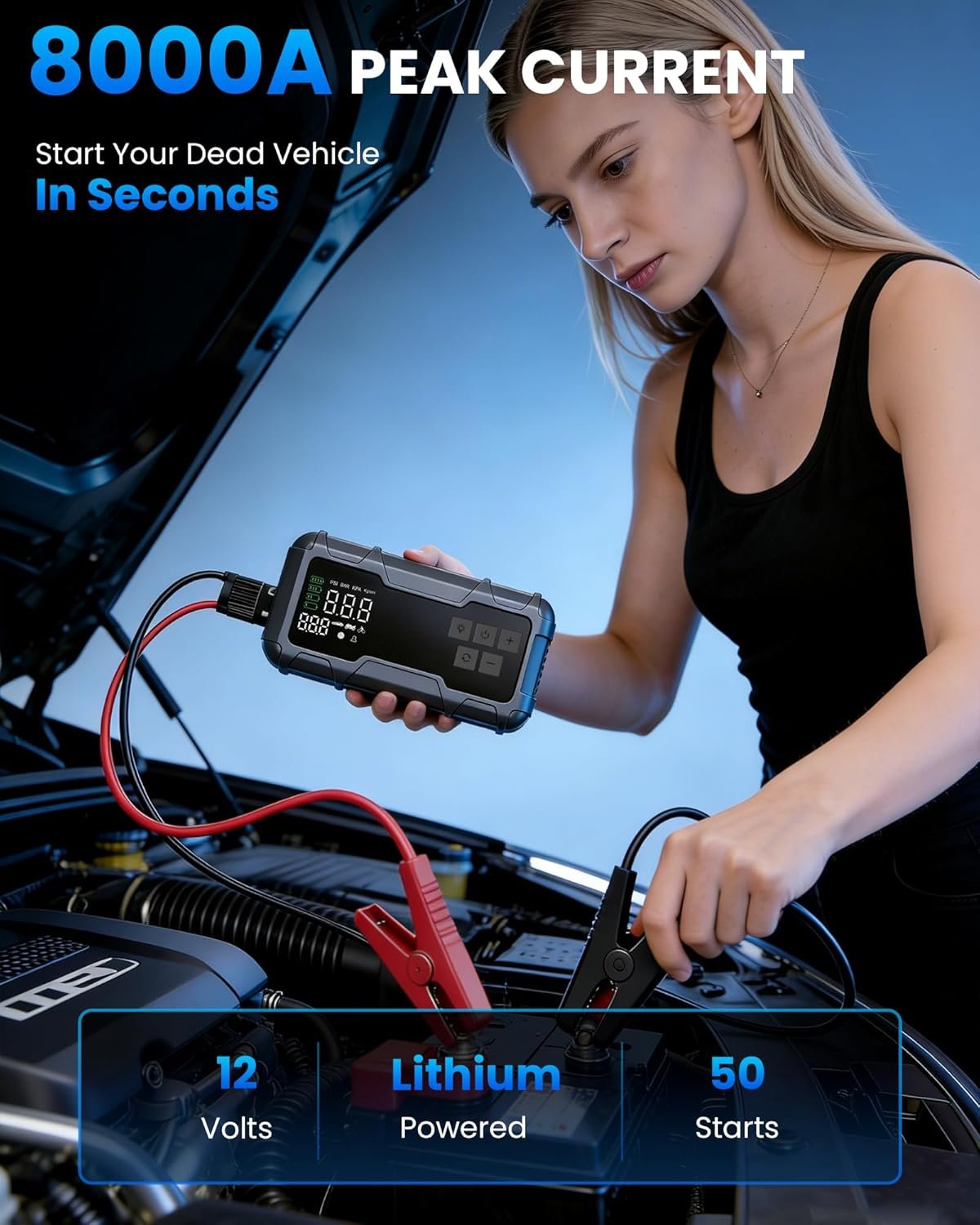150 PSI 8000A Tire Inflator Portable Air Compressor, Jump Starter with Air Pump with Digital Gauge & LED Light, 12V Car Battery Jump Box with Power Bank for Car, Motorcycle, Bicycle, Ball
