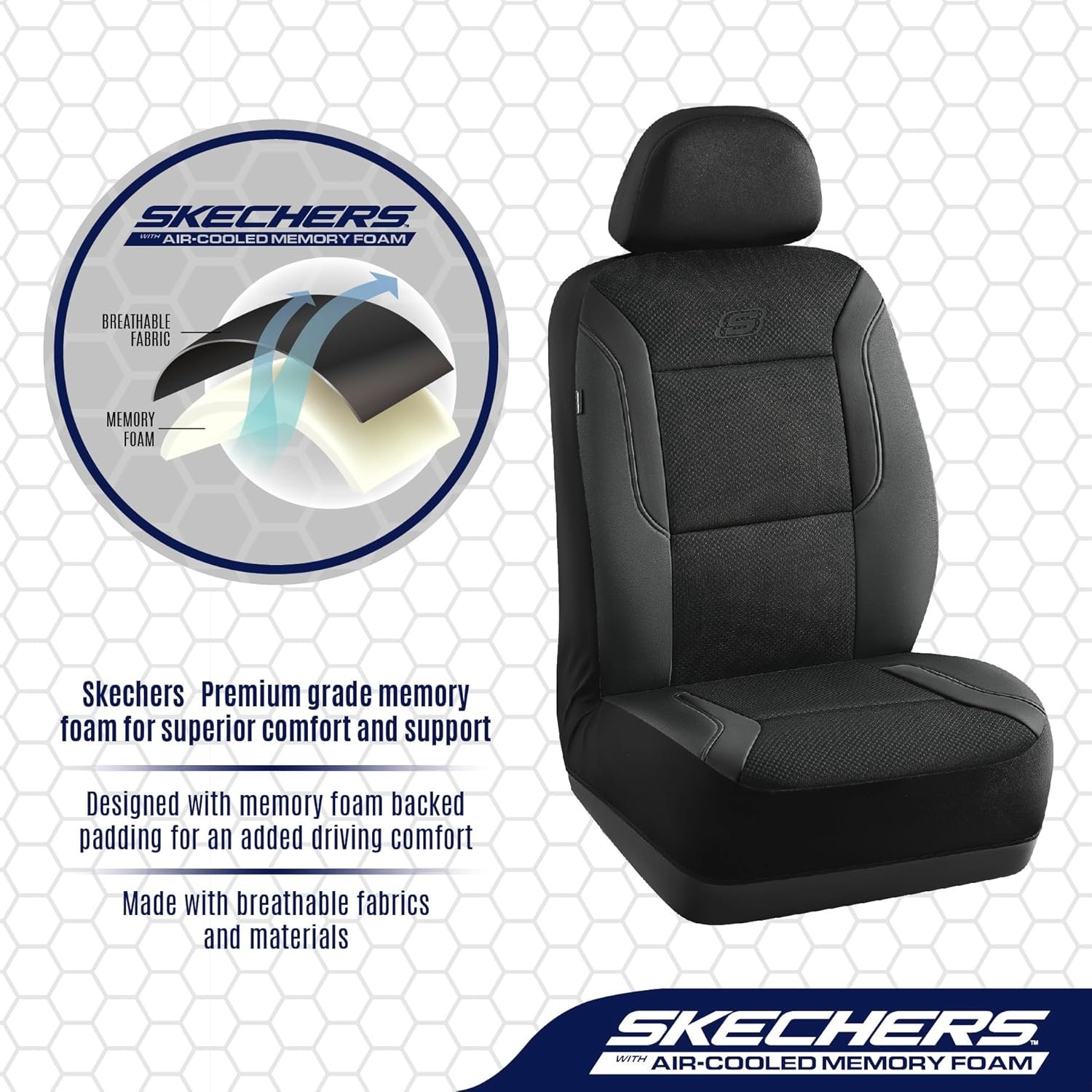 Skechers Memory Foam Seat Covers, Air Cool Mesh Thick Car Seat Covers, Car Seat Covers Front Seats Airbag Compatible, Universal Automotive Comfort for Most Cars, Vans, Trucks, SUV,Black