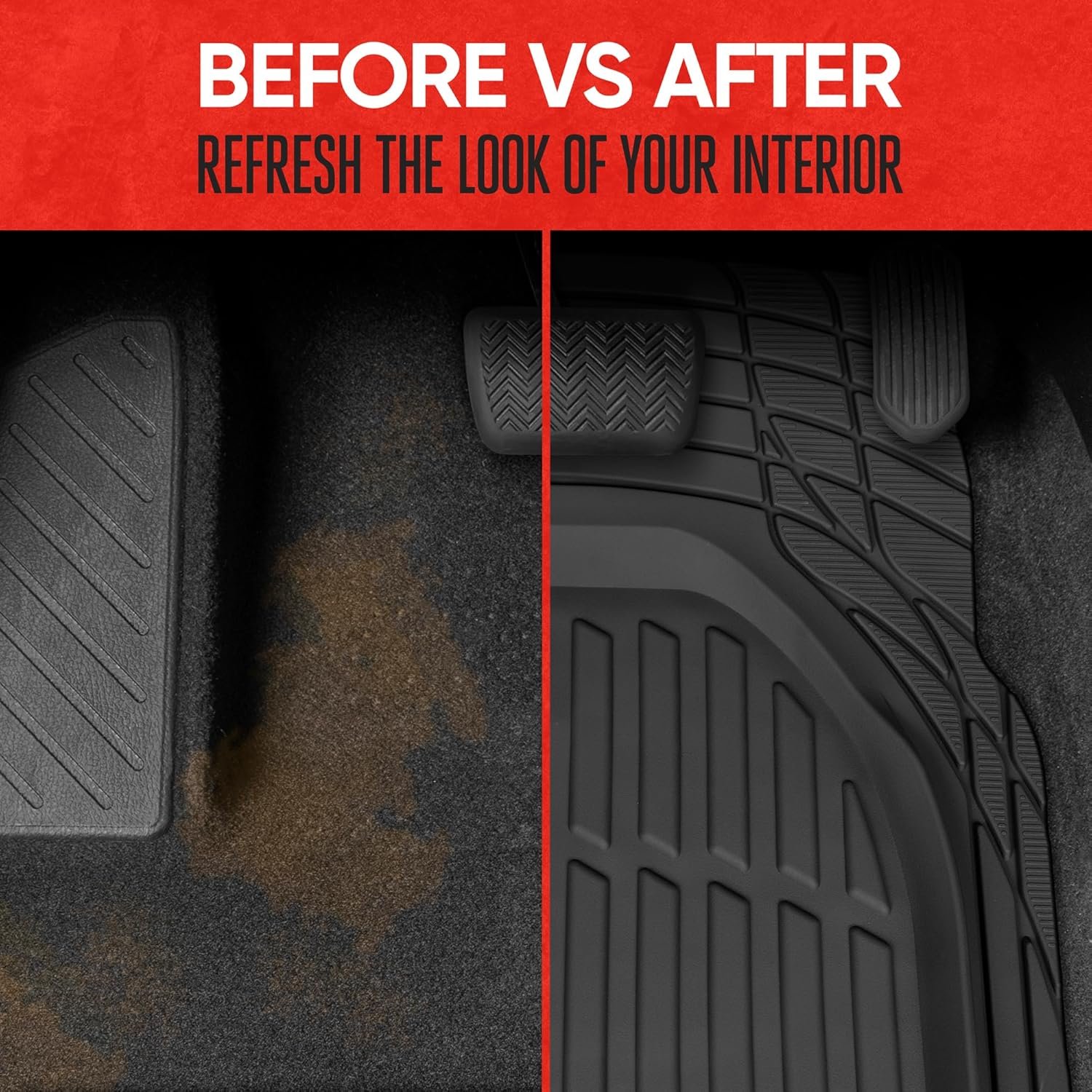 Motor Trend FlexTough Floor Mats for Cars, Black Deep Dish All-Weather Car Mats, Waterproof Trim-to Fit Automotive Floor Mats for Cars Trucks SUV, Universal Floor Liner Car Accessories