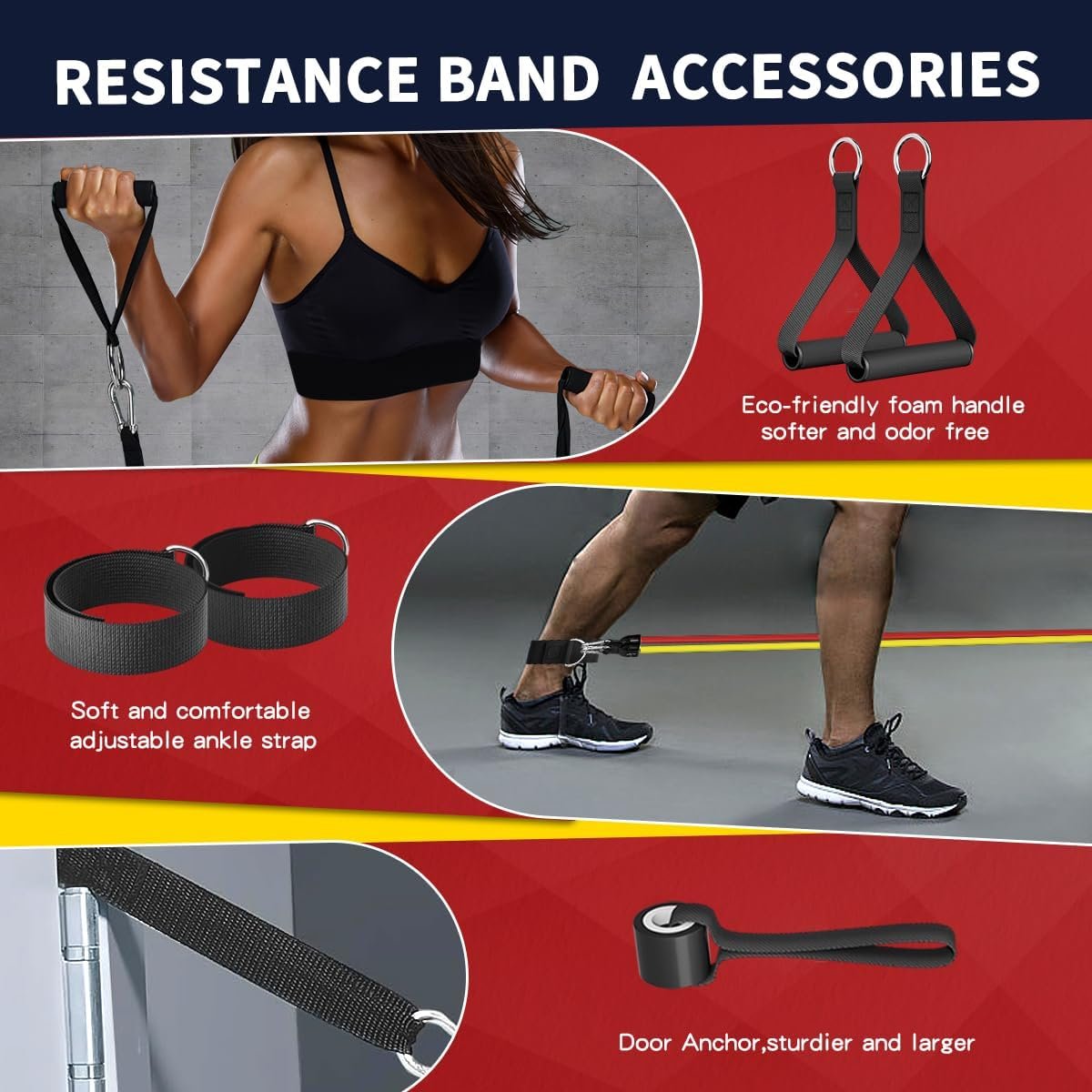 WHATAFIT Resistance Bands, Exercise Bands, Workout Bands with Handles, Door Anchor and Ankle Straps, 5 Resistance Levels Fitness Bands for Strength Training, Physical Therapy, and Home Gym Equipment