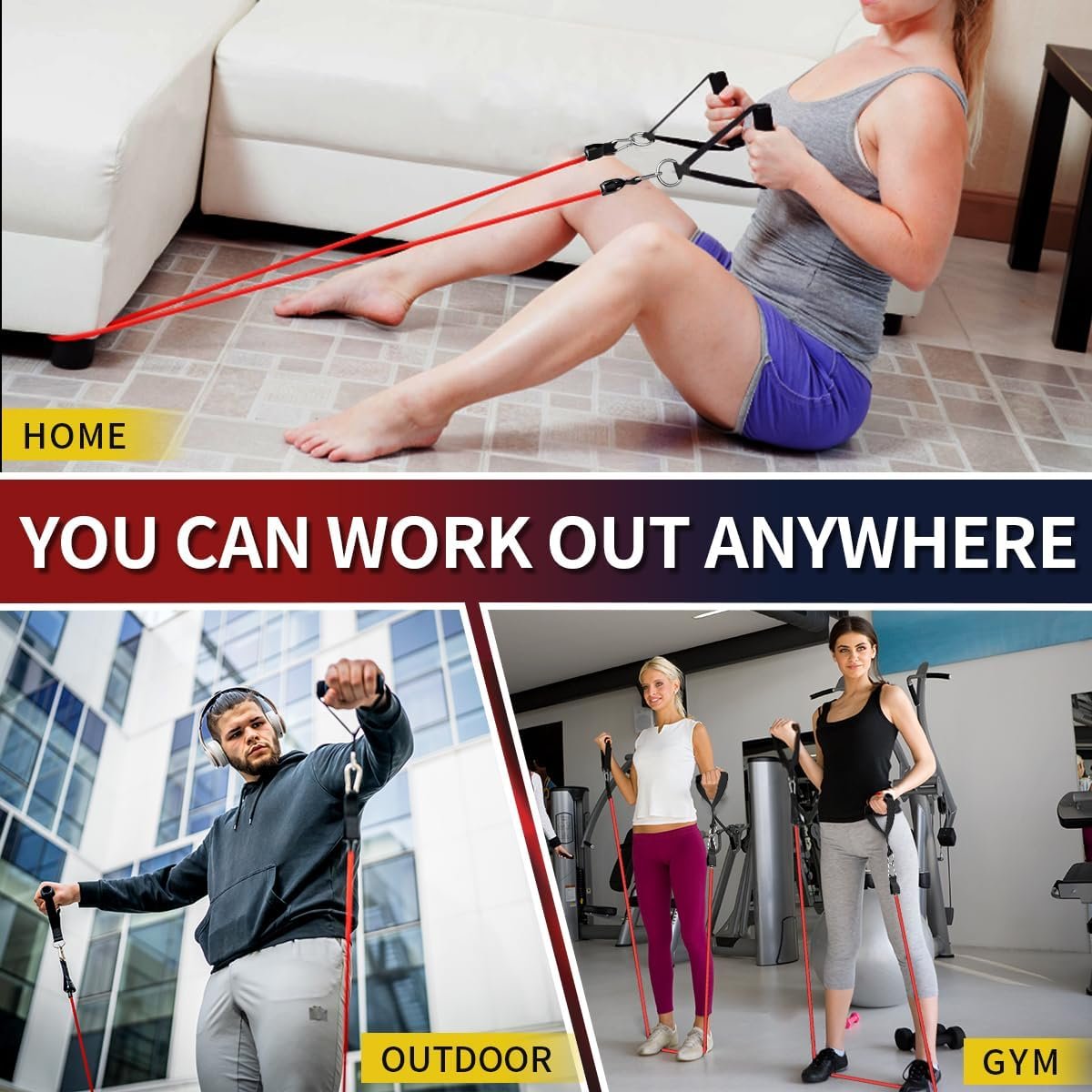 WHATAFIT Resistance Bands, Exercise Bands, Workout Bands with Handles, Door Anchor and Ankle Straps, 5 Resistance Levels Fitness Bands for Strength Training, Physical Therapy, and Home Gym Equipment