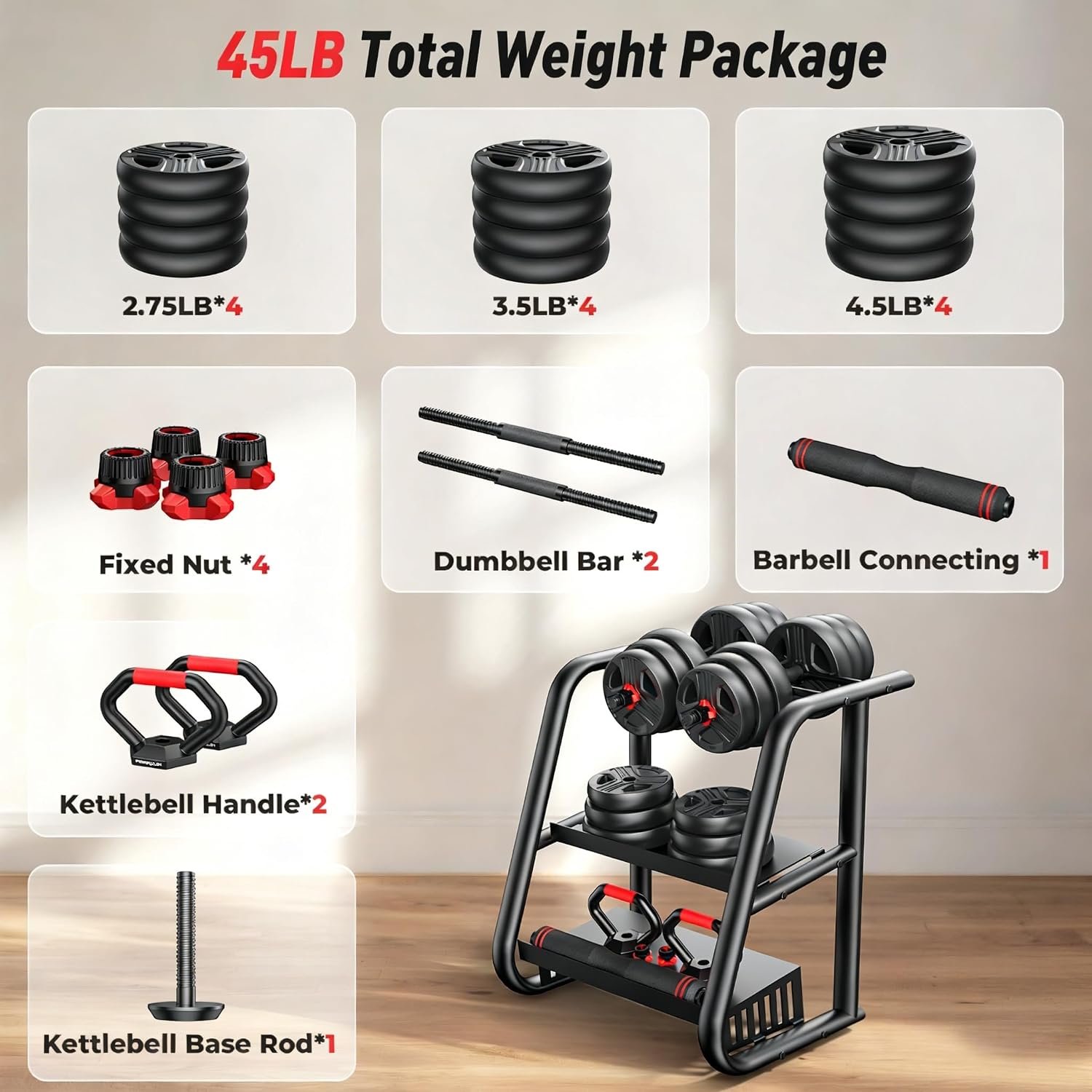 FITPLAM Adjustable dumbbell set,20/35/45/55/70/90lbs Free Weights set with upgraded nut, 5 in 1 Weight Set Used as Kettlebells, Barbell, Push up Stand, Fitness Exercise for Home Gym Suitable Men/Women