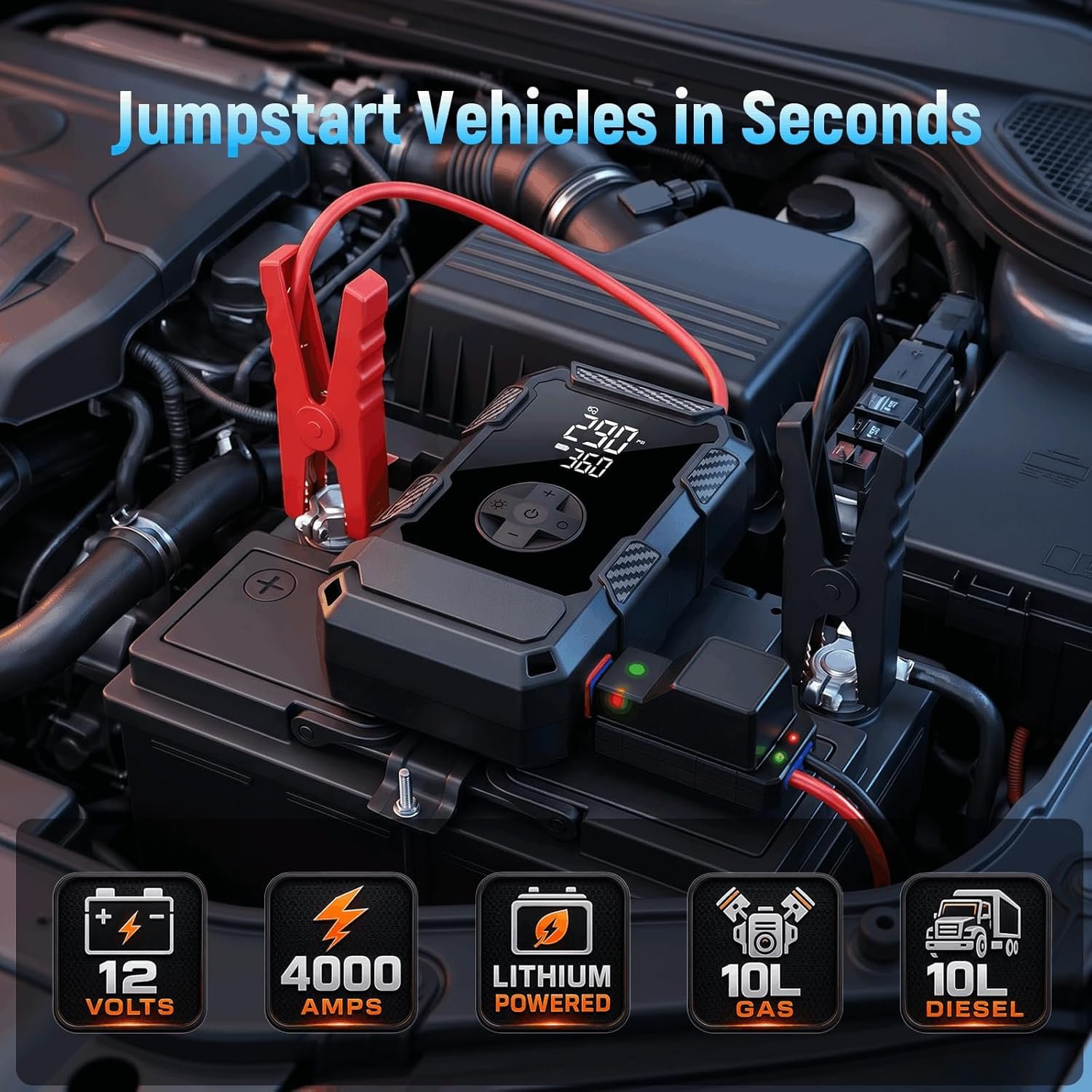 4000A Car Jumper Starter Portable with Air Compressor, 12V Battery Jump Starter with Tire Pump 150PSI for 10L Gas Diesel Engines, Car Battery Jumper Pack Combo with LED Light, Father Day Gift