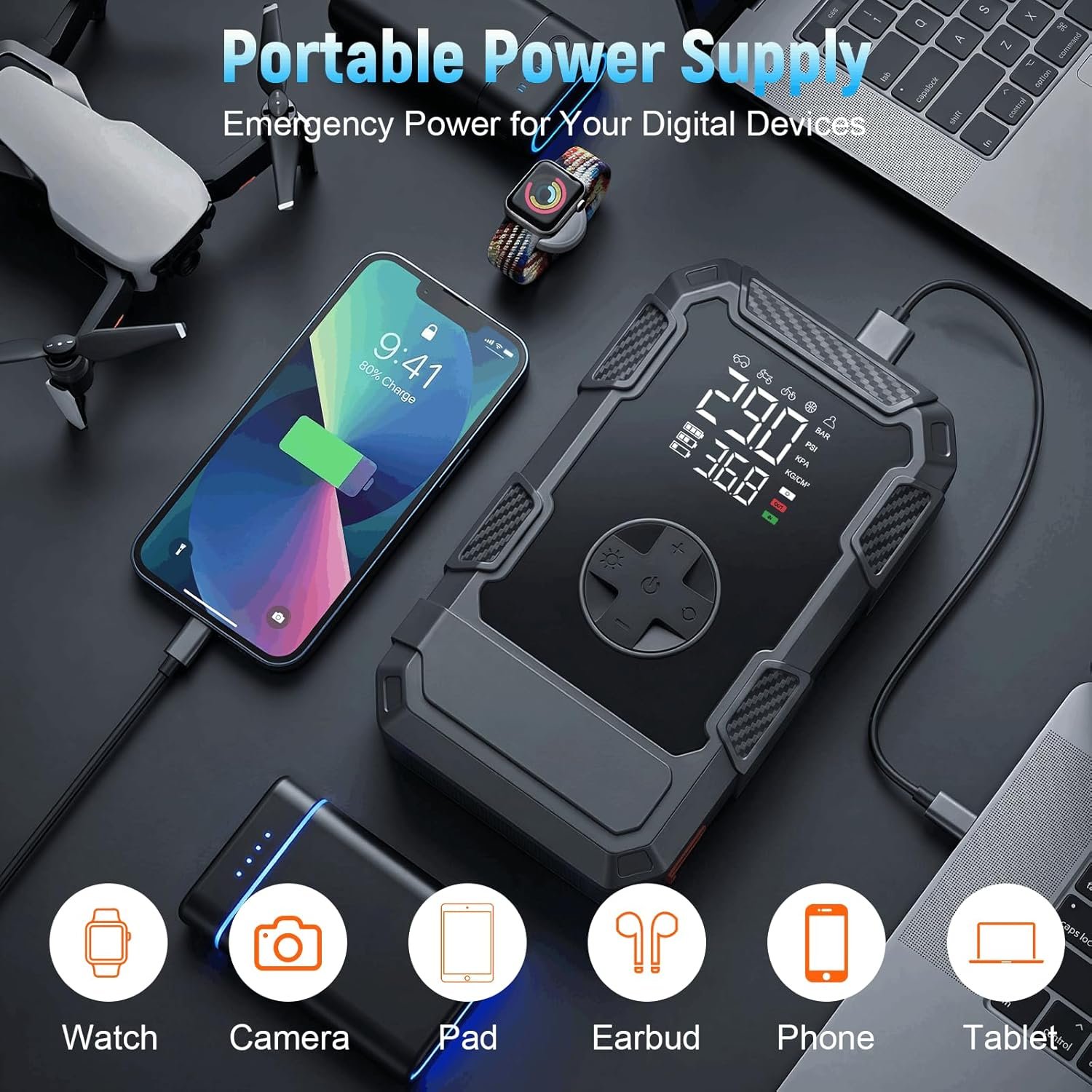 4000A Car Jumper Starter Portable with Air Compressor, 12V Battery Jump Starter with Tire Pump 150PSI for 10L Gas Diesel Engines, Car Battery Jumper Pack Combo with LED Light, Father Day Gift