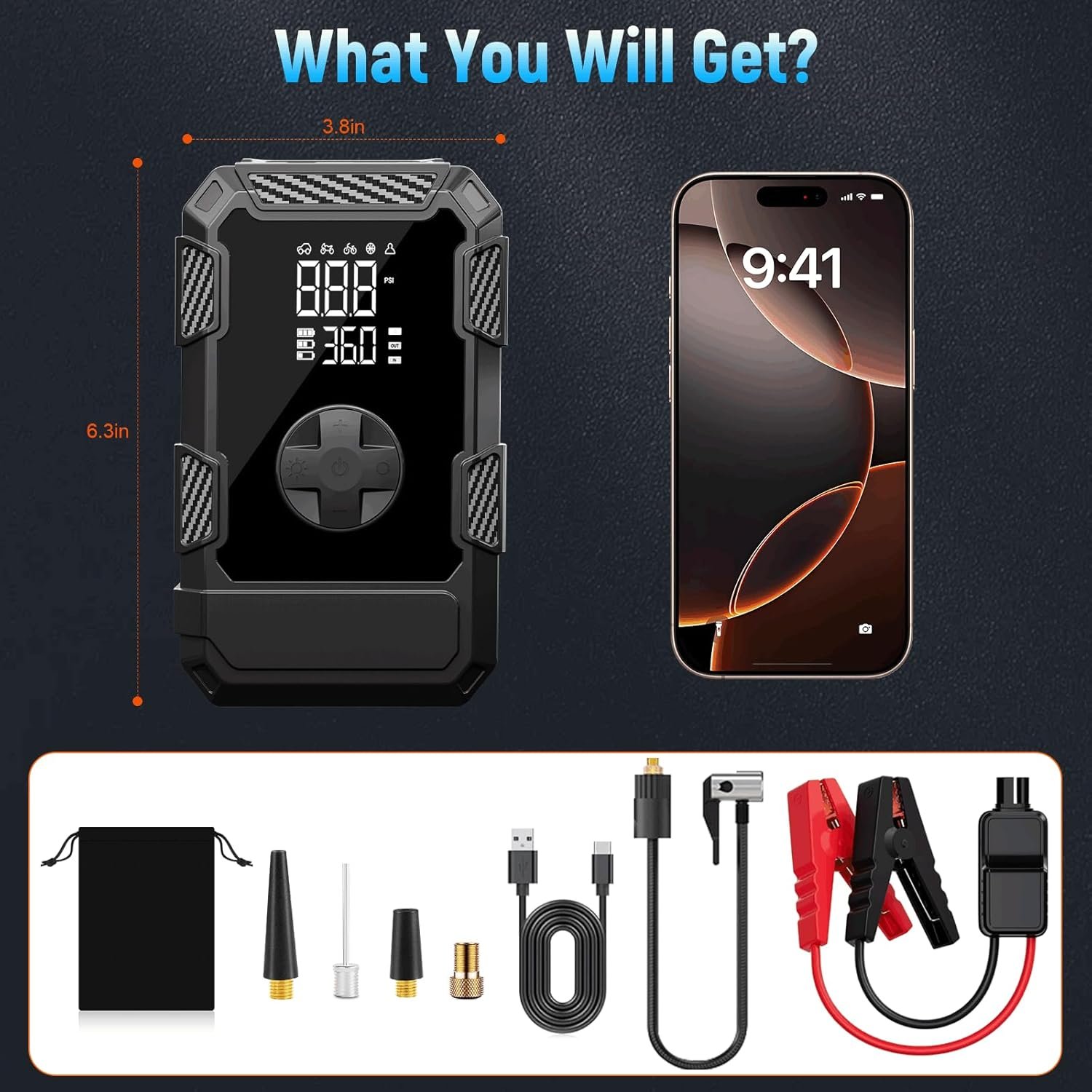 4000A Car Jumper Starter Portable with Air Compressor, 12V Battery Jump Starter with Tire Pump 150PSI for 10L Gas Diesel Engines, Car Battery Jumper Pack Combo with LED Light, Father Day Gift