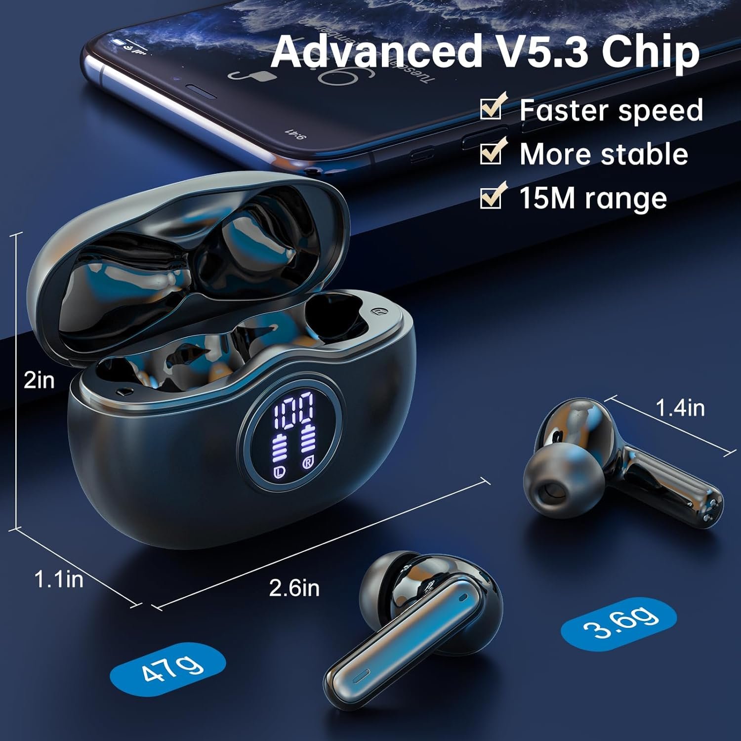 Wireless Earbuds, Bluetooth 5.3 Headphones HiFi Stereo 50H Playback LED Digital Display Ear Buds with ENC Noise Canceling Headset, IPX7 Waterproof Earphones for Gym/Running/Work (Black)