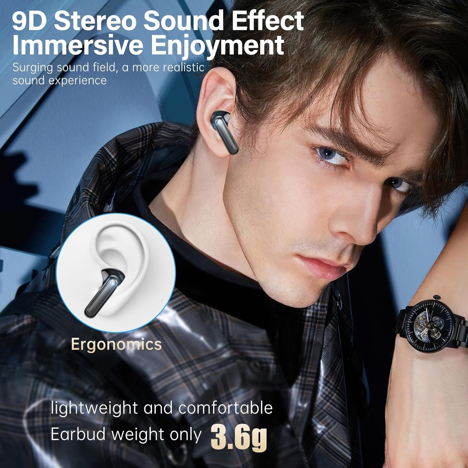 Wireless Earbuds, Bluetooth 5.3 Headphones HiFi Stereo 50H Playback LED Digital Display Ear Buds with ENC Noise Canceling Headset, IPX7 Waterproof Earphones for Gym/Running/Work (Black)