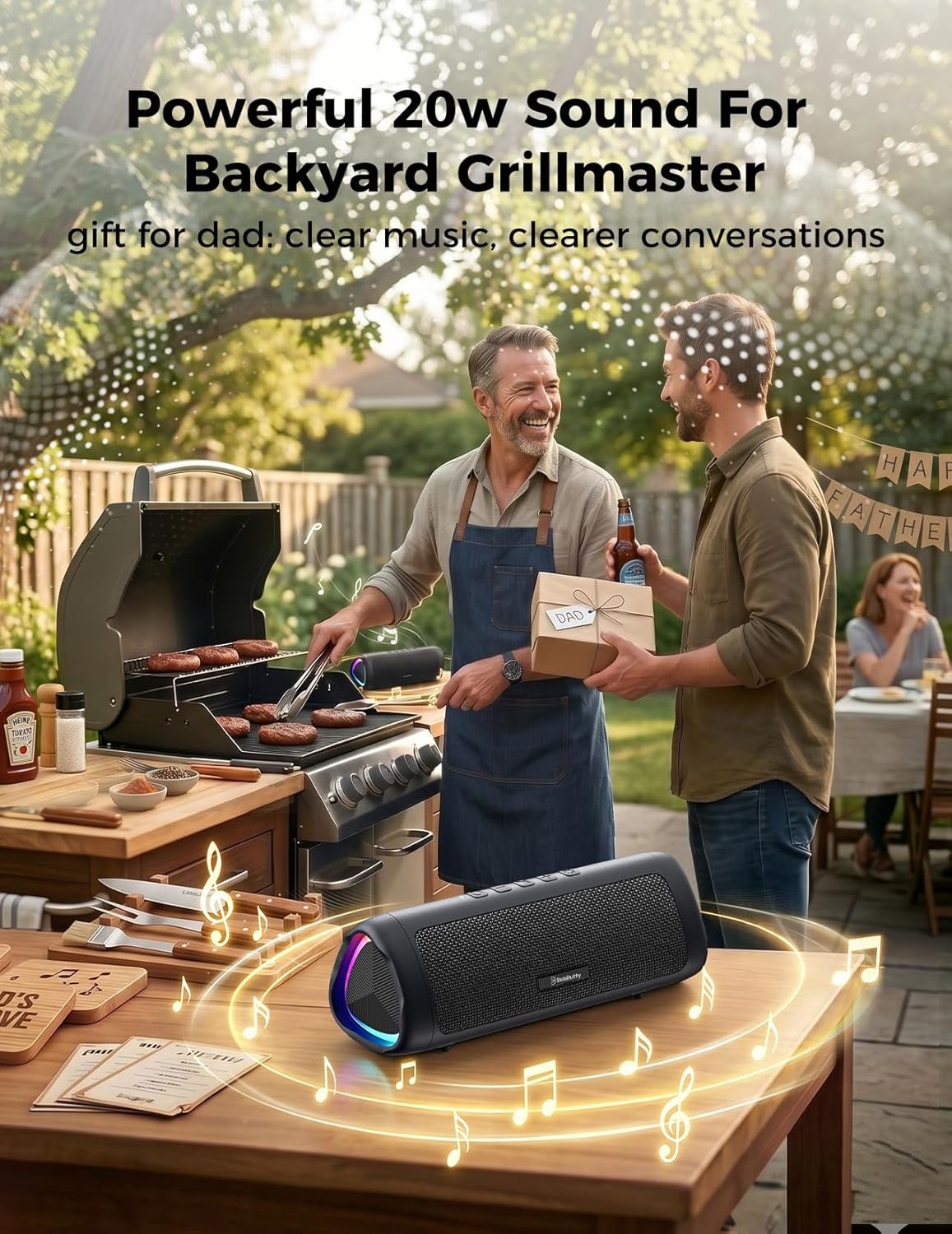 Bluetooth Speaker, 20W HD Sound, Portable Wireless, IPX5 Waterproof, Up to 24H Playtime, TWS, for Home/Party/Outdoor/Camping/Beach Essentials, Birthday Gift for Fathers Day Men Dad Husband (Black)