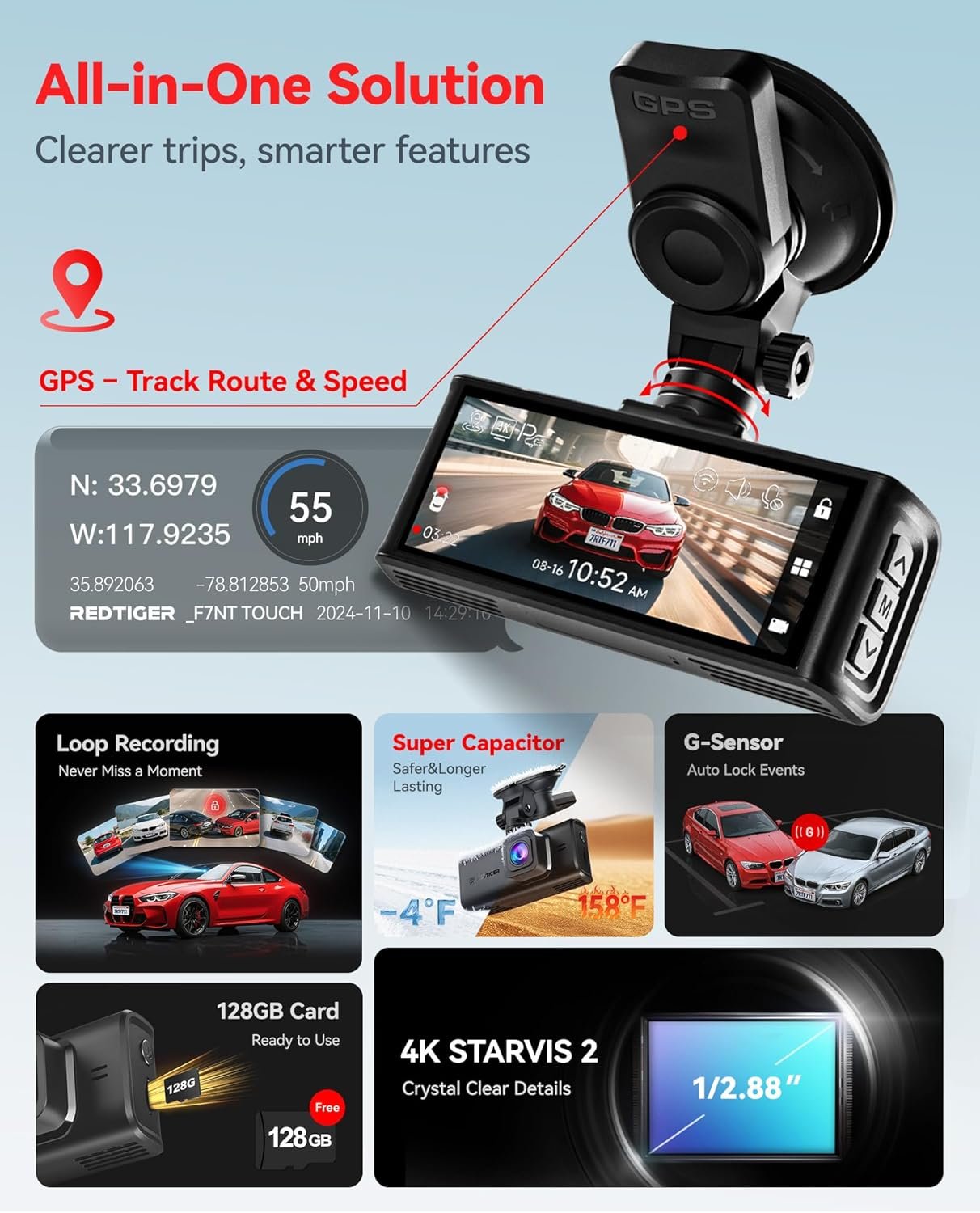 REDTIGER 4K STARVIS 2 Dash Cam Front and Rear, 5GHz WiFi 20MB/s Download, 128GB Card Included, Voice Control, Dash Camera for Cars with 3.18" Touch Screen, GPS, Loop Recording, Parking Mode(F7N Touch)