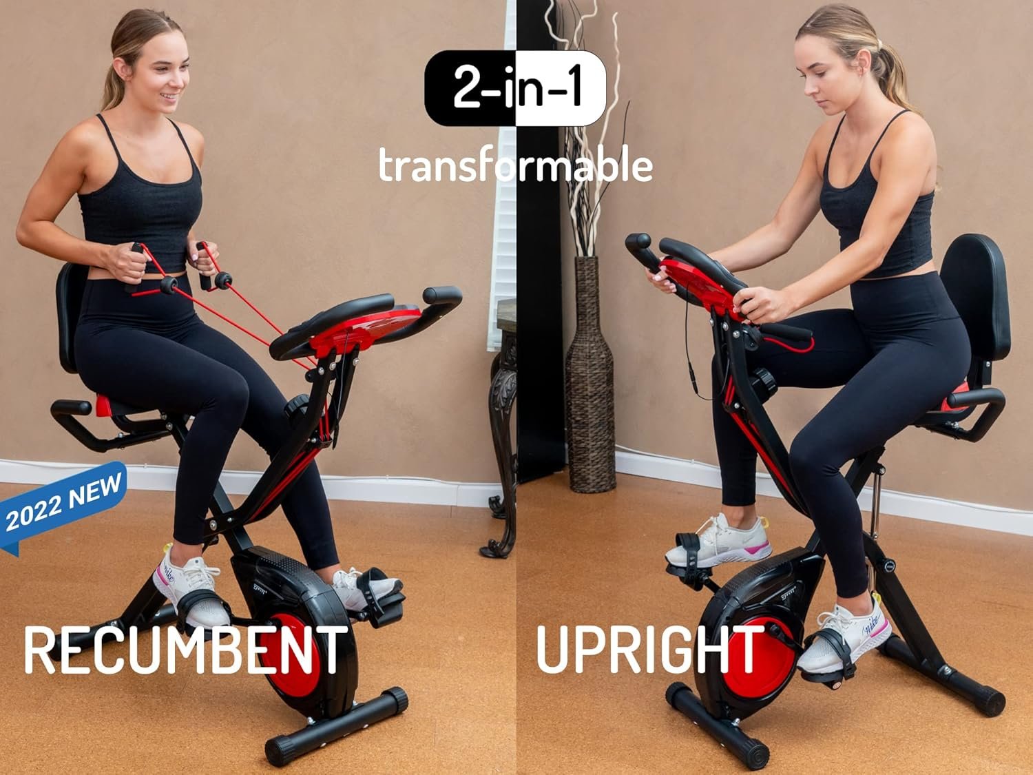 YYFITT 3-IN-1 Exercise Bike with Luminous Digits Display | Folding Stationary Bikes for Home Seniors | Compact Workout Bike with Fully Support Backrest - Wider Seat - 16 Level Magnetic Resistance