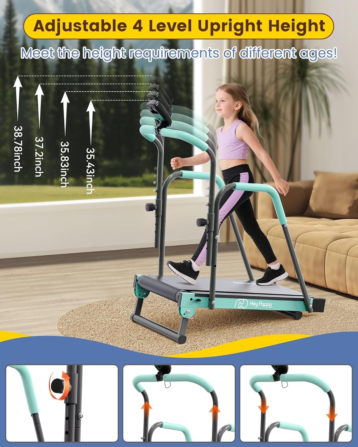 Kids Treadmill, Treadmill for Kids Manual with Handle Bar Up to 165Lbs Capacity, Upgraded Kids Exercise Equipment with 2 Adjustable Incline Mode & 4 Level Upright Height