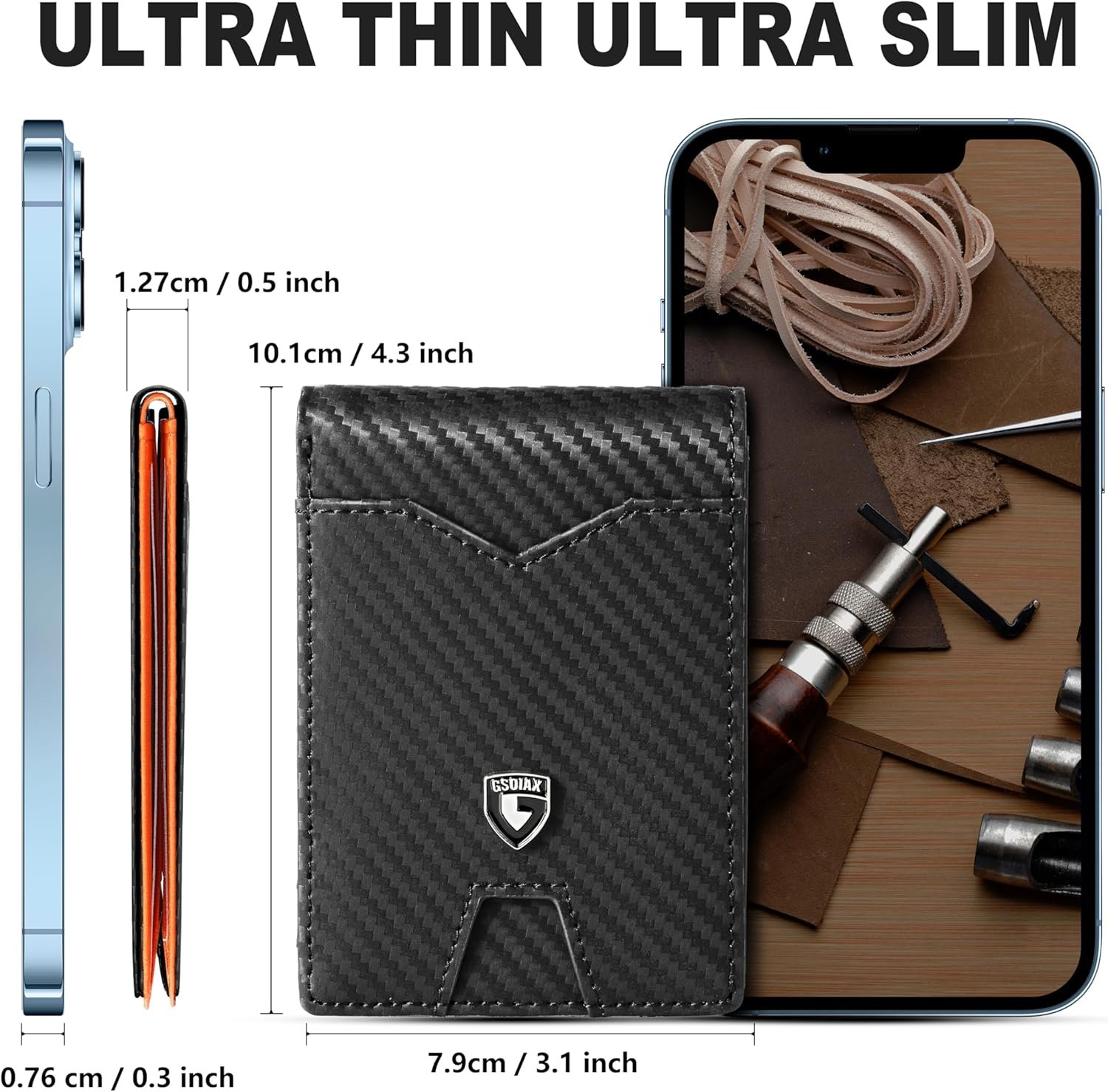 GSOIAX Slim Wallet for Men Rfid Blocking Leather Bifold Front Pocket Carbon Fiber Men's Money Clips Credit Card Holder With Gift Box
