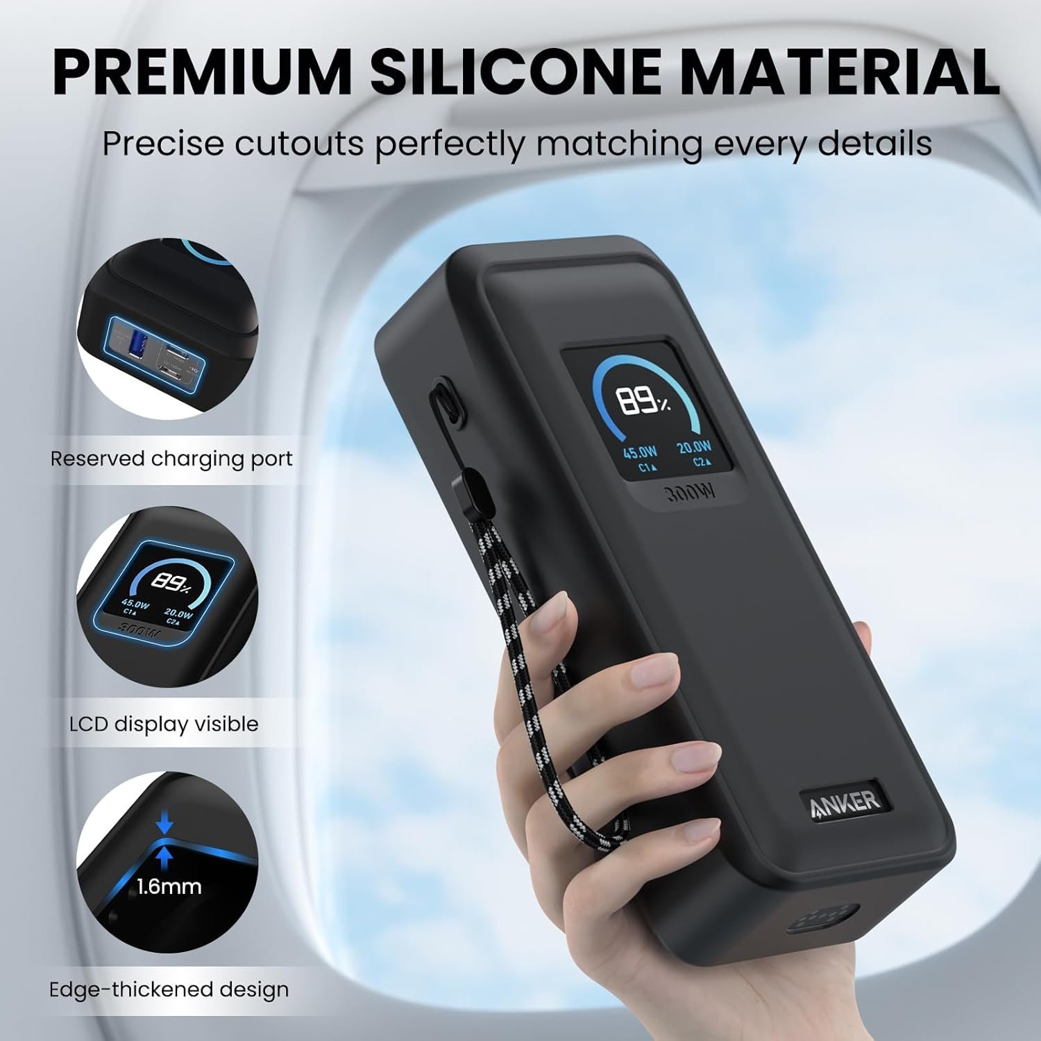 Compatible with Anker Prime Power Bank 26,250Mah 300W Case Cover, Soft Silicone Shockproof Protective Case for Anker 300W Prime Power Bank with Anti-Lost Strap, LCD Display Visible (Black)