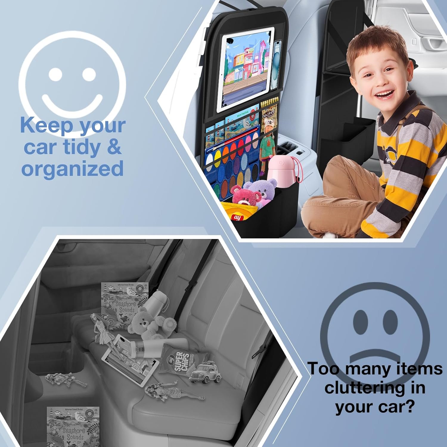 Car Backseat Organizer with Table Tray(2-Pack) 9 Storage Pockets Backseat Car Organizer and storage with Tablet Holder, Kick Mats Back Seat Cover for Kids family Road Trip Essentials Travel