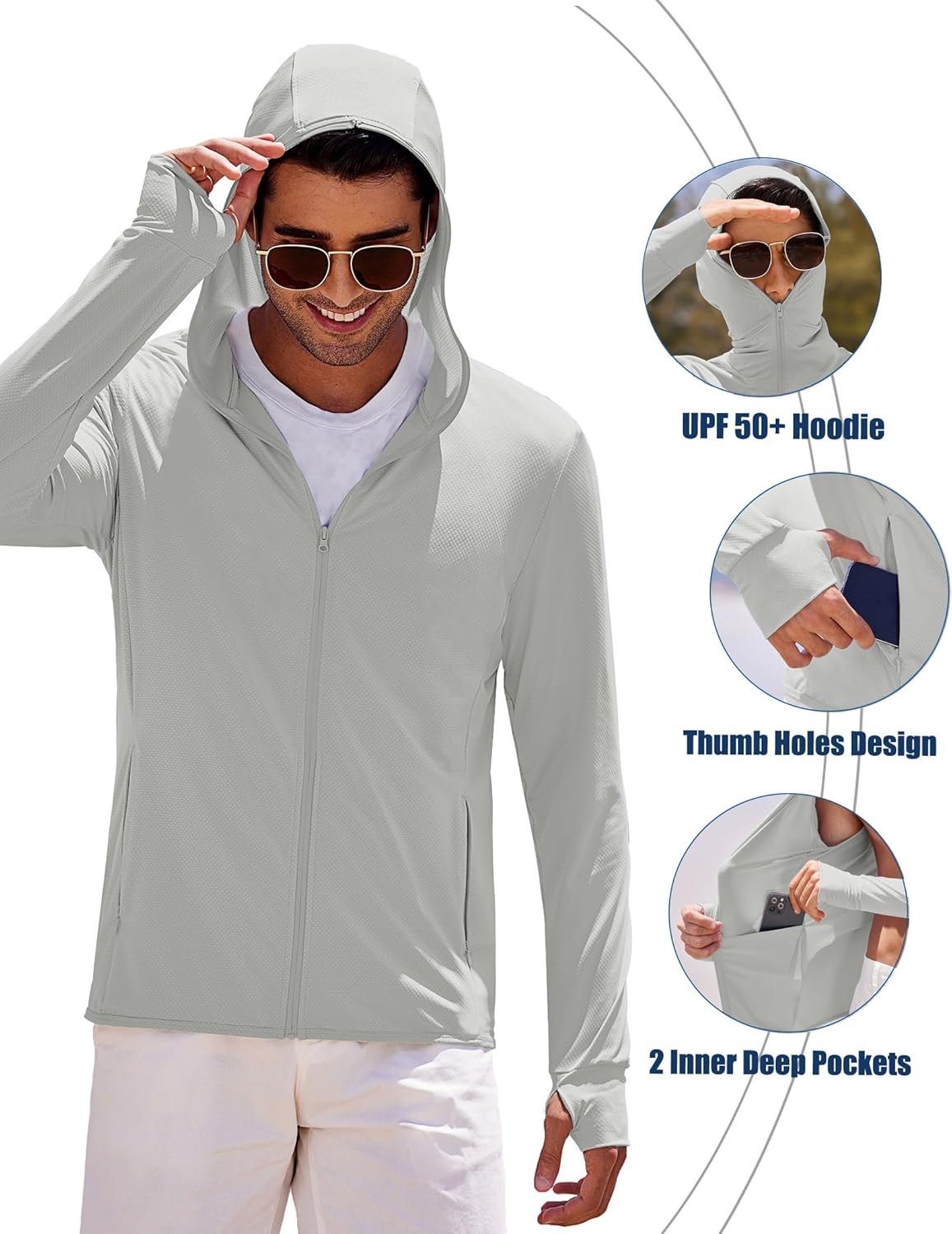 COOFANDY Full-Zip Men's Lightweight Hoodie UPF 50 - Breathable Sun Protection Jacket with Pockets for Golf, Fishing, Hiking