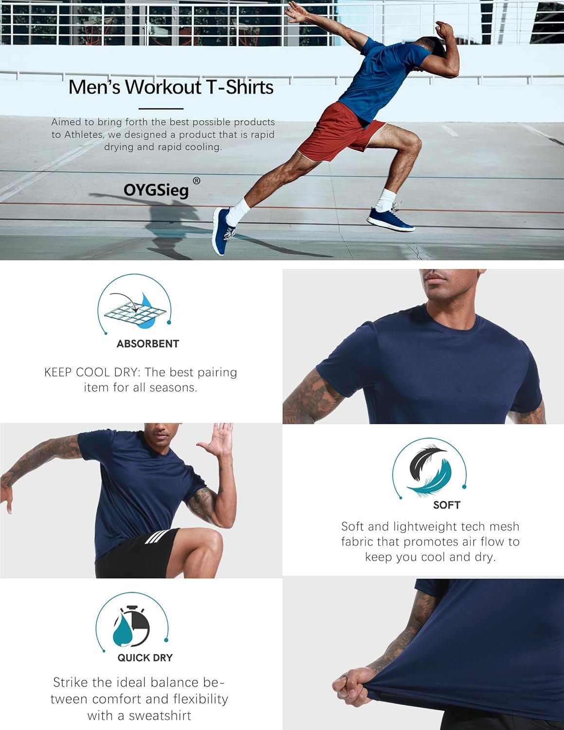 OYGSieg 5 Pack Workout Shirts for Men Short Sleeve Athletic Active Tops Quick Dry Crew Neck T Shirt for Running