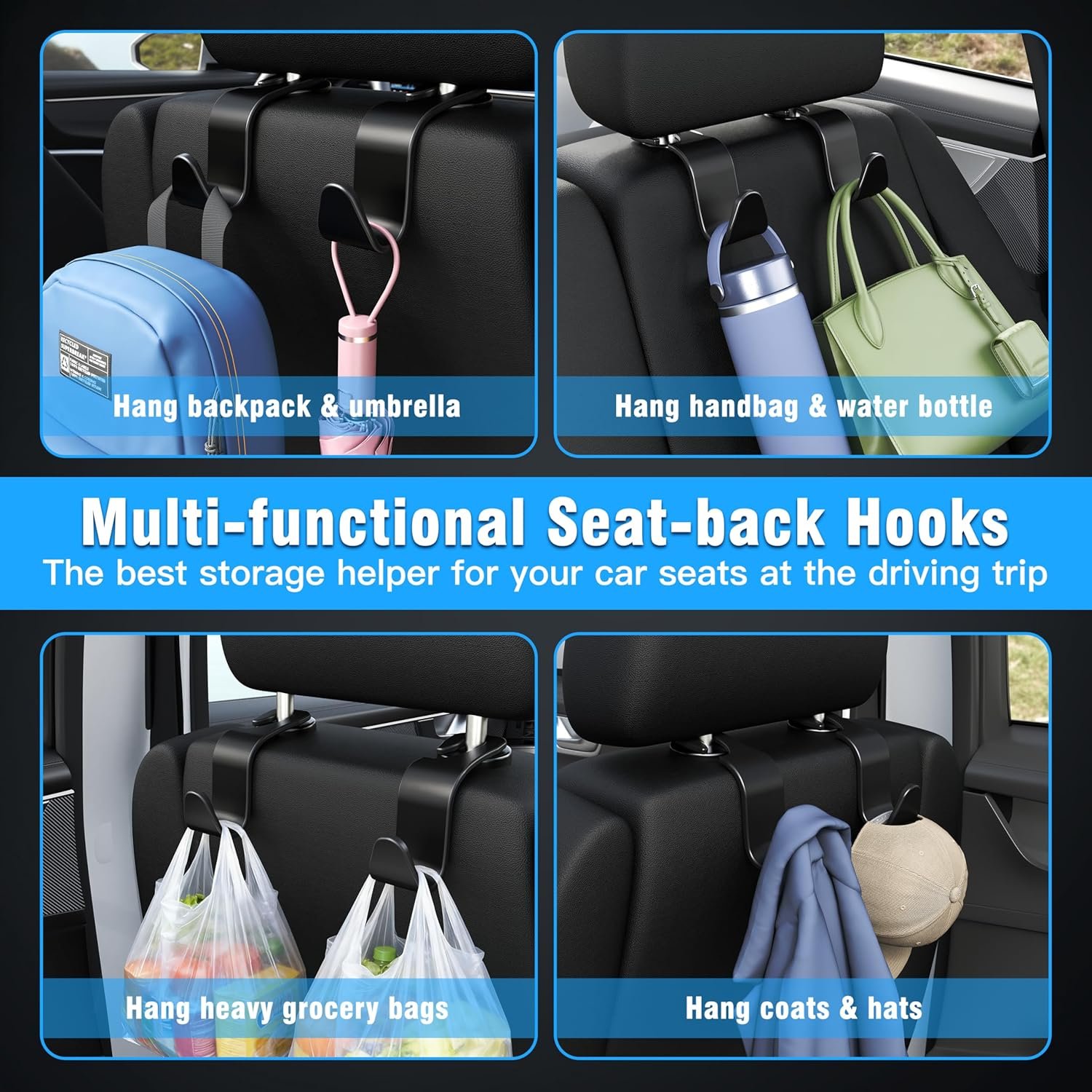 Amooca 4-Pack Car Headrest Hooks Vehicle Storage Organizer for Purses Handbags Groceries Backpack Coats –Holds 55lbs 360° Rotating Black