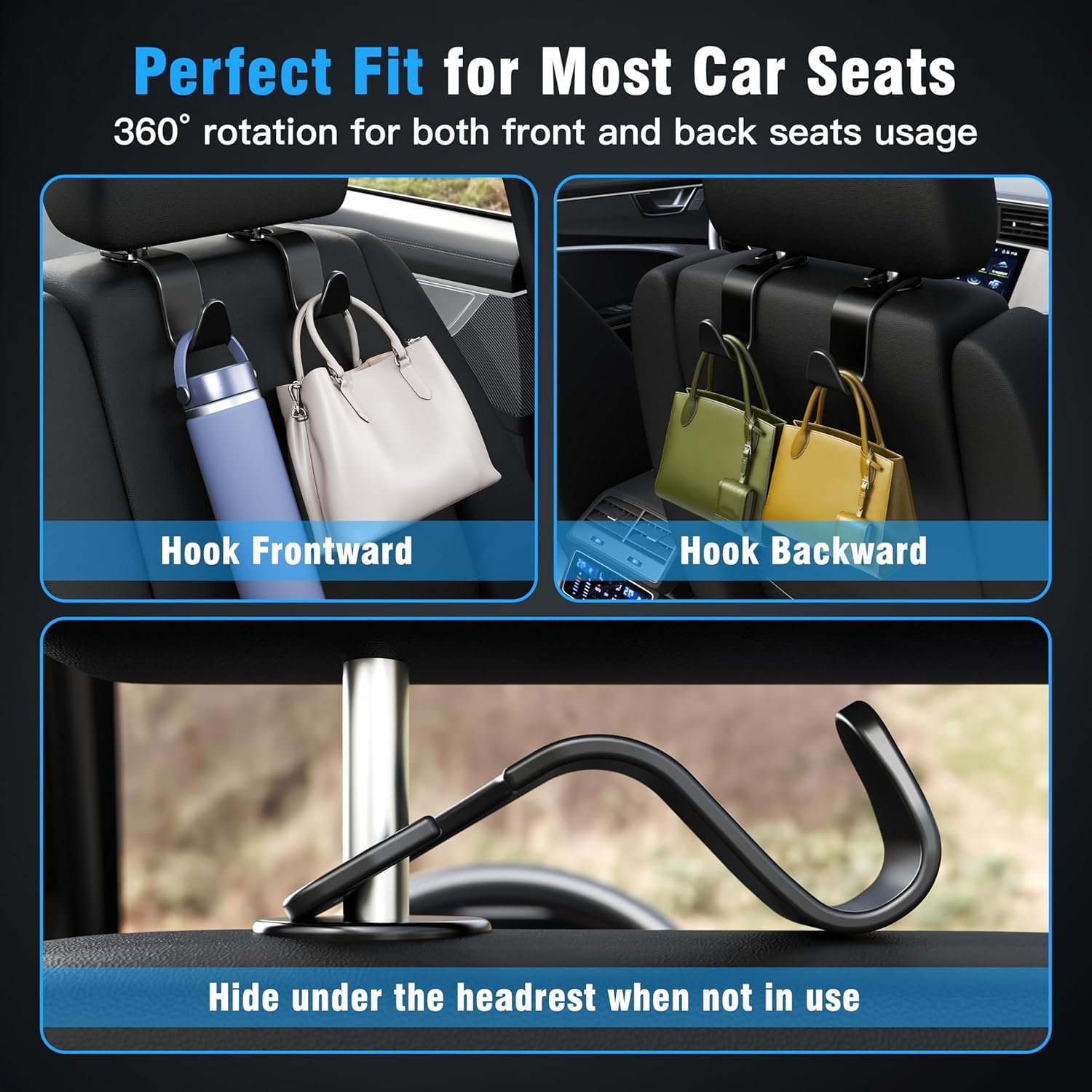 Amooca 4-Pack Car Headrest Hooks Vehicle Storage Organizer for Purses Handbags Groceries Backpack Coats –Holds 55lbs 360° Rotating Black