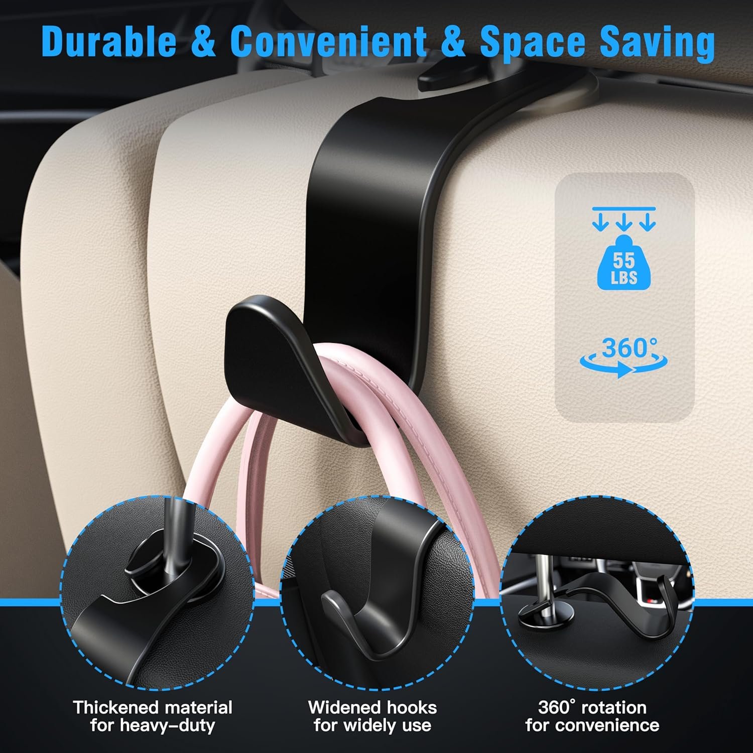 Amooca 4-Pack Car Headrest Hooks Vehicle Storage Organizer for Purses Handbags Groceries Backpack Coats –Holds 55lbs 360° Rotating Black