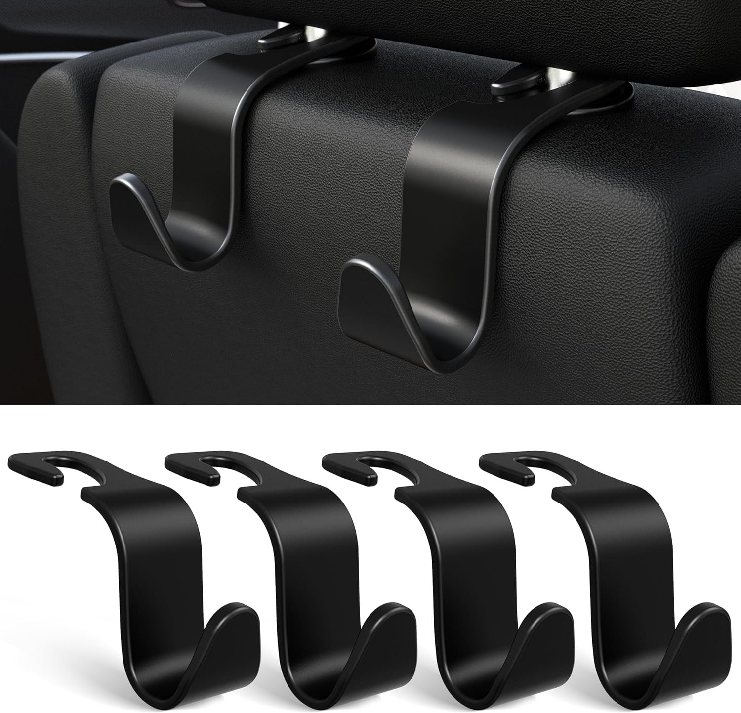 Amooca 4-Pack Car Headrest Hooks Vehicle Storage Organizer for Purses Handbags Groceries Backpack Coats –Holds 55lbs 360° Rotating Black