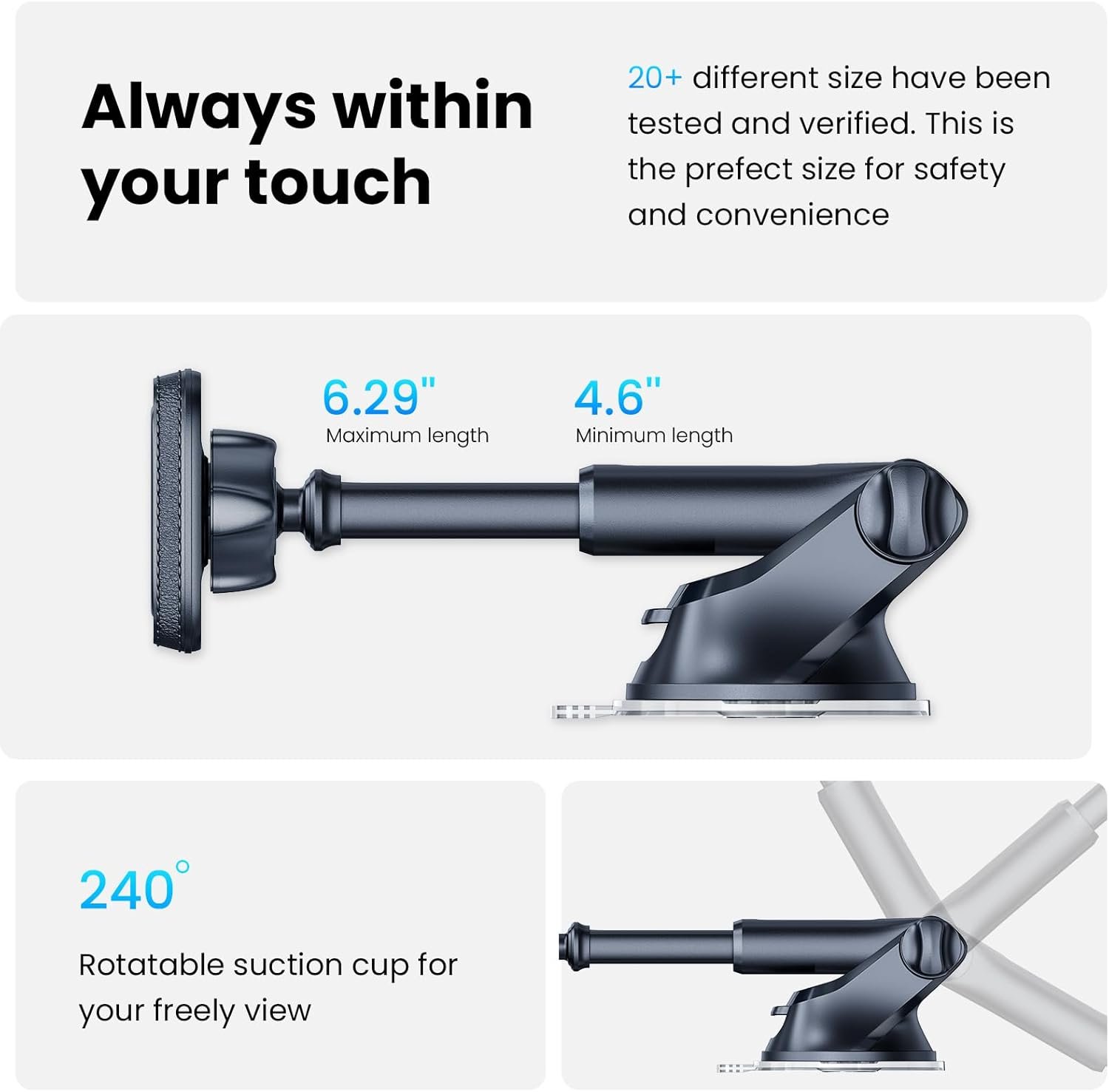 APPS2Car Magnetic Phone Mount for Car, Dashboard & Windshield Suction Cup Holder with Telescopic Arm, Requires Metal Plate for Proper Use, Fit for Android Smartphones(NOT for MagSafe)