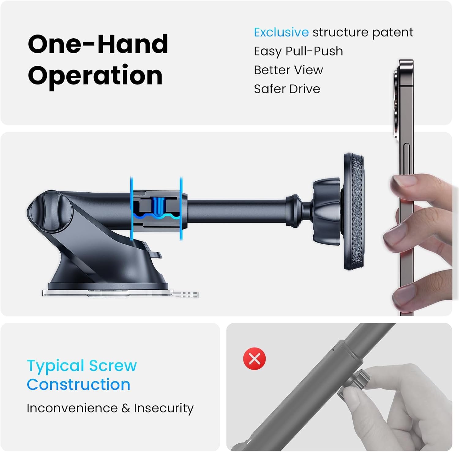 APPS2Car Magnetic Phone Mount for Car, Dashboard & Windshield Suction Cup Holder with Telescopic Arm, Requires Metal Plate for Proper Use, Fit for Android Smartphones(NOT for MagSafe)
