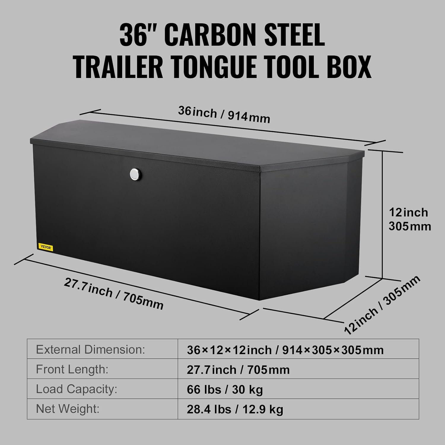 VEVOR Trailer Tongue Box, Heavy Duty Trailer Tongue Tool Box Storage Organizer with Lock & Keys, Utility Tool Chest for Pickup Truck Bed, RV, SUV, Off-Road Vehicle, Steel, 36" x 12" x 12"