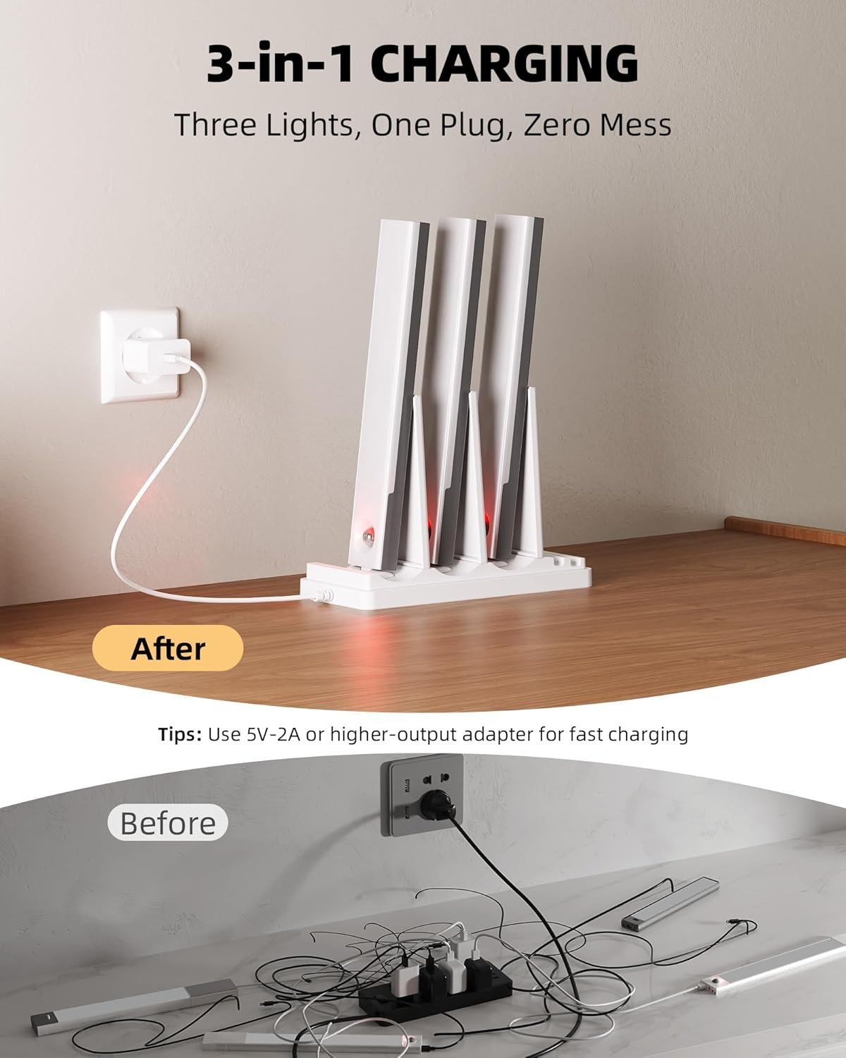 EZVALO 6-Pack Under Cabinet Lighting with Charging Station, 2000mAh Rechargeable Wireless Motion Sensor Lights, 3 Color Temps, Dimmable, Timer, Magnetic, with Remote Control for Kitchen, Closet, Stair