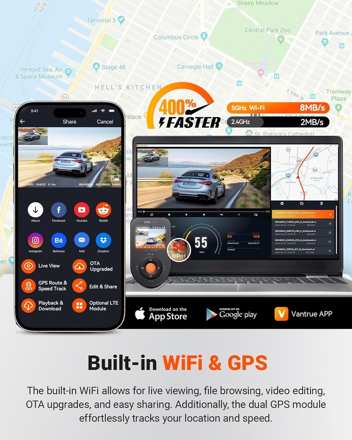 Vantrue S1 Pro Dash Cam Front and Rear, 60FPS STARVIS 2 Dash Camera, PlatePix™ Tech, AI Dual Dash Cam with ADAS & BSD, Night Vision Car Camera with 5G WiFi, GPS, Voice Control, 24/7 Parking Mode