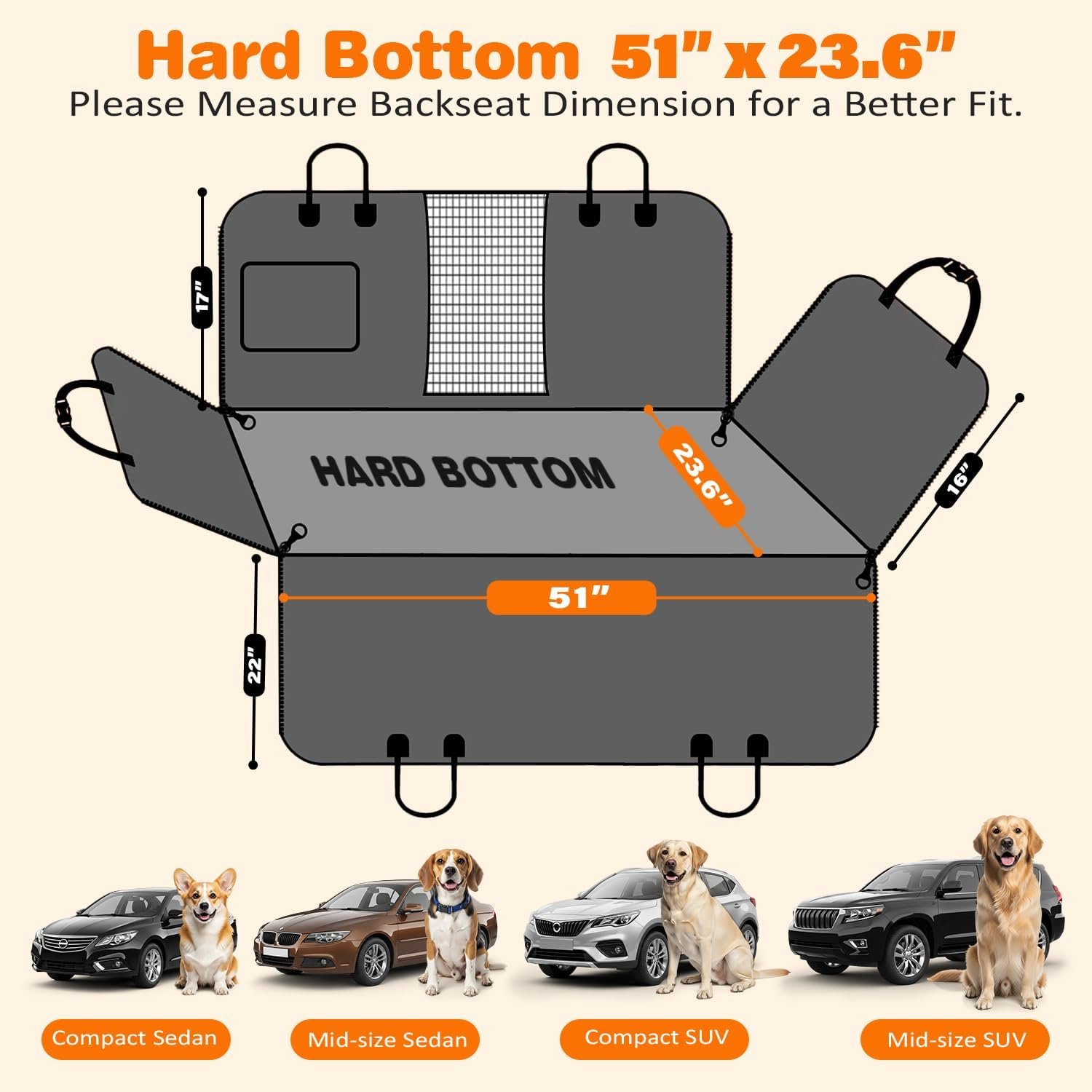 URPOWER Hard Bottom Dog Car Seat Cover for Pets 100% Waterproof Seat Cover Hammock 600D Heavy Duty Scratch Proof Nonslip Durable Back Seat Covers for Cars Trucks and SUVs