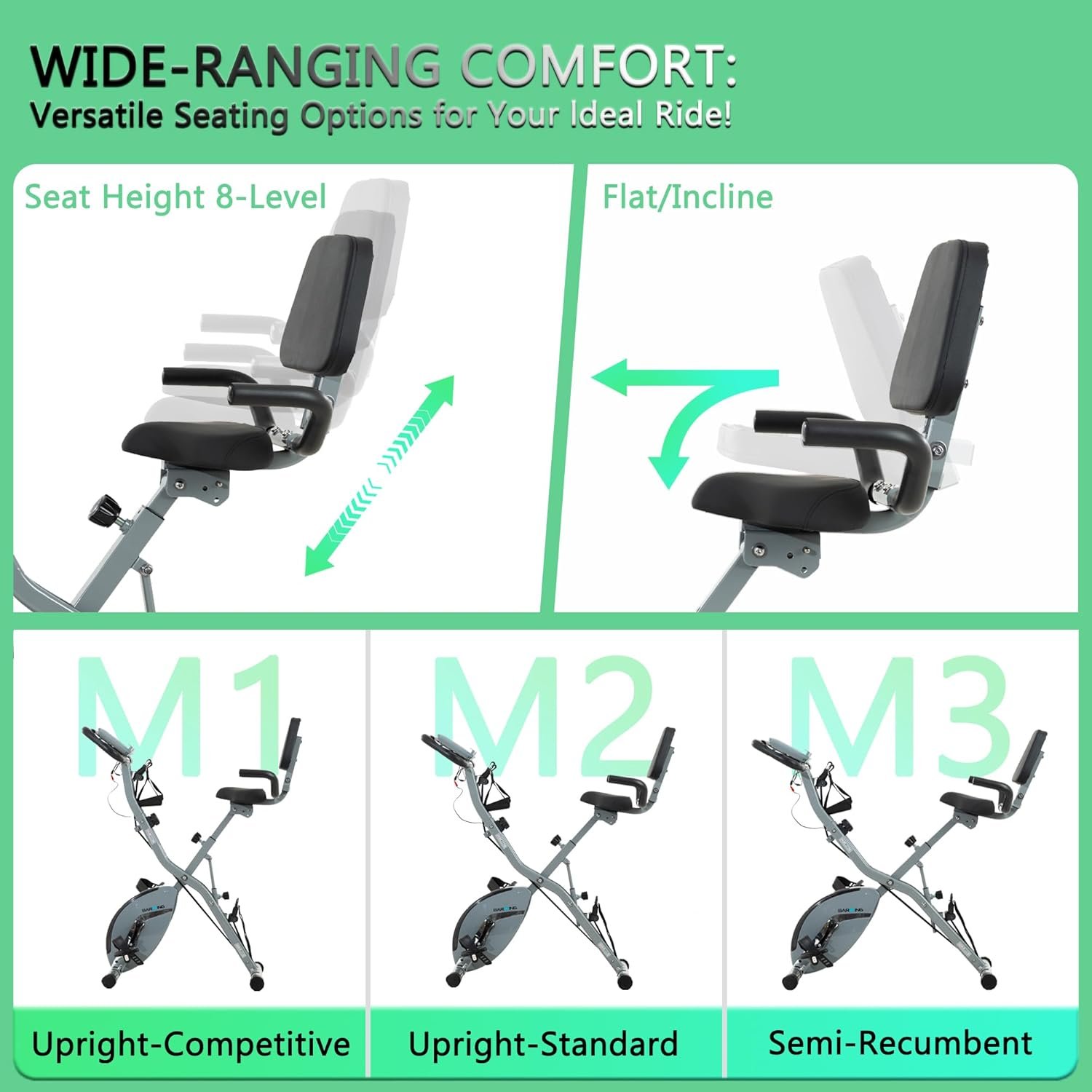 BARWING Stationary Exercise Bike for Home Workout, 5 IN 1 Foldable Indoor Cycling Bike for Seniors, 350LB Capacity, 16-Level Magnetic Resistance, Seat Backrest Adjustments