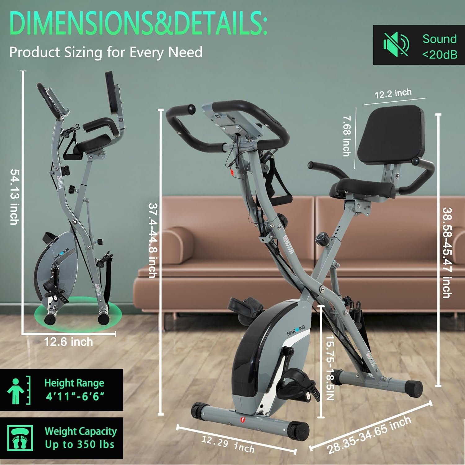 BARWING Stationary Exercise Bike for Home Workout, 5 IN 1 Foldable Indoor Cycling Bike for Seniors, 350LB Capacity, 16-Level Magnetic Resistance, Seat Backrest Adjustments