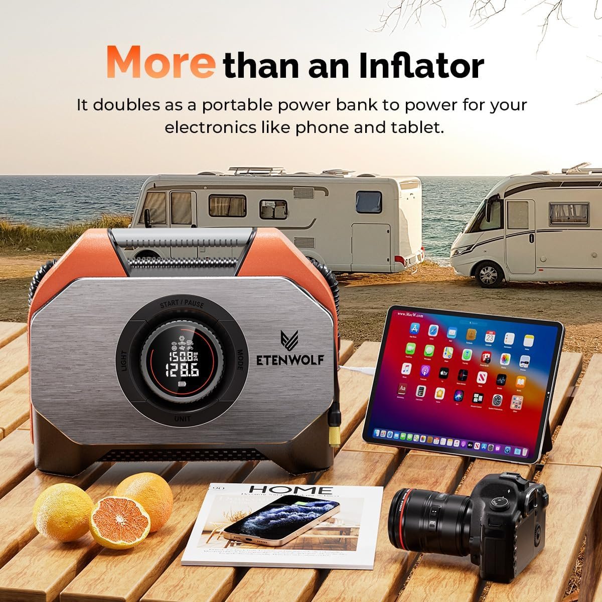 ETENWOLF VORTEX S6 Tire Inflator Portable Air Compressor for Heavy-duty Vehicle, Cordless Air Pump for Car & Inflatables with 19200 mAh Battery, 100% Duty Cycle & Dual Cylinder Bike Pump, Vivid Orange