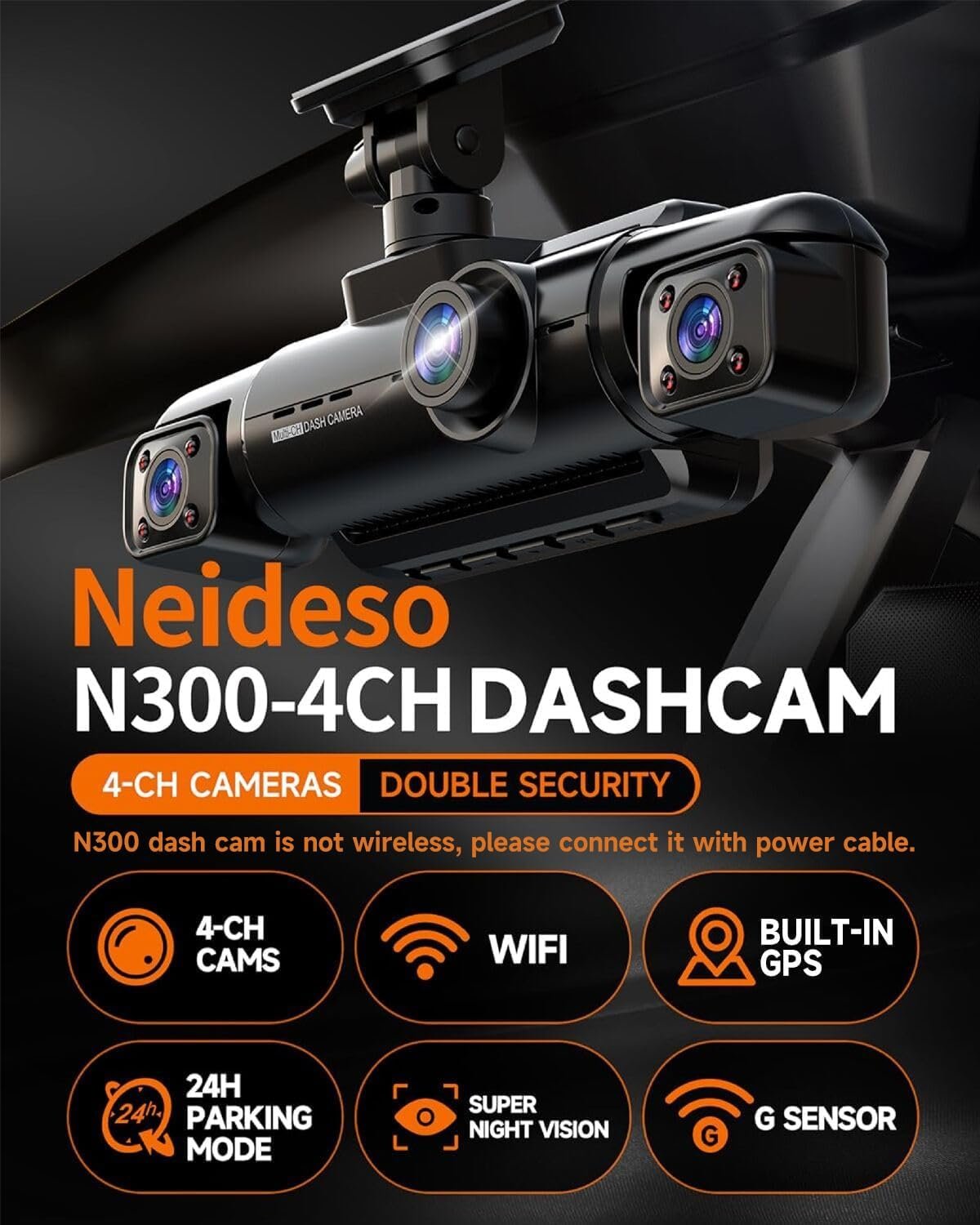 Neideso 360° Dash Cam Front and Rear Inside, 4 Channel FHD 4 * 1080P, Wi-Fi GPS Voice Control Car Camera, Front 2K+1080P*2 Dash Camera for Cars, with 64GB SD Card, Night Vision, 24H Parking Mode(N300)