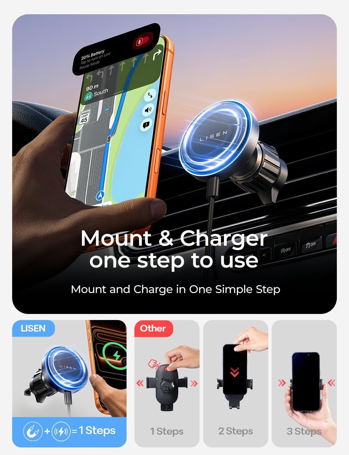 LISEN for 15W MagSafe Car Mount Charger,Magnetic Wireless Car Charger for iPhone 17 Pro Max Accessories,Magnetic Phone Holder for iPhone 17-12,Samsung,Pixel 9,Jeep Ford F150 Accessories,Gifts