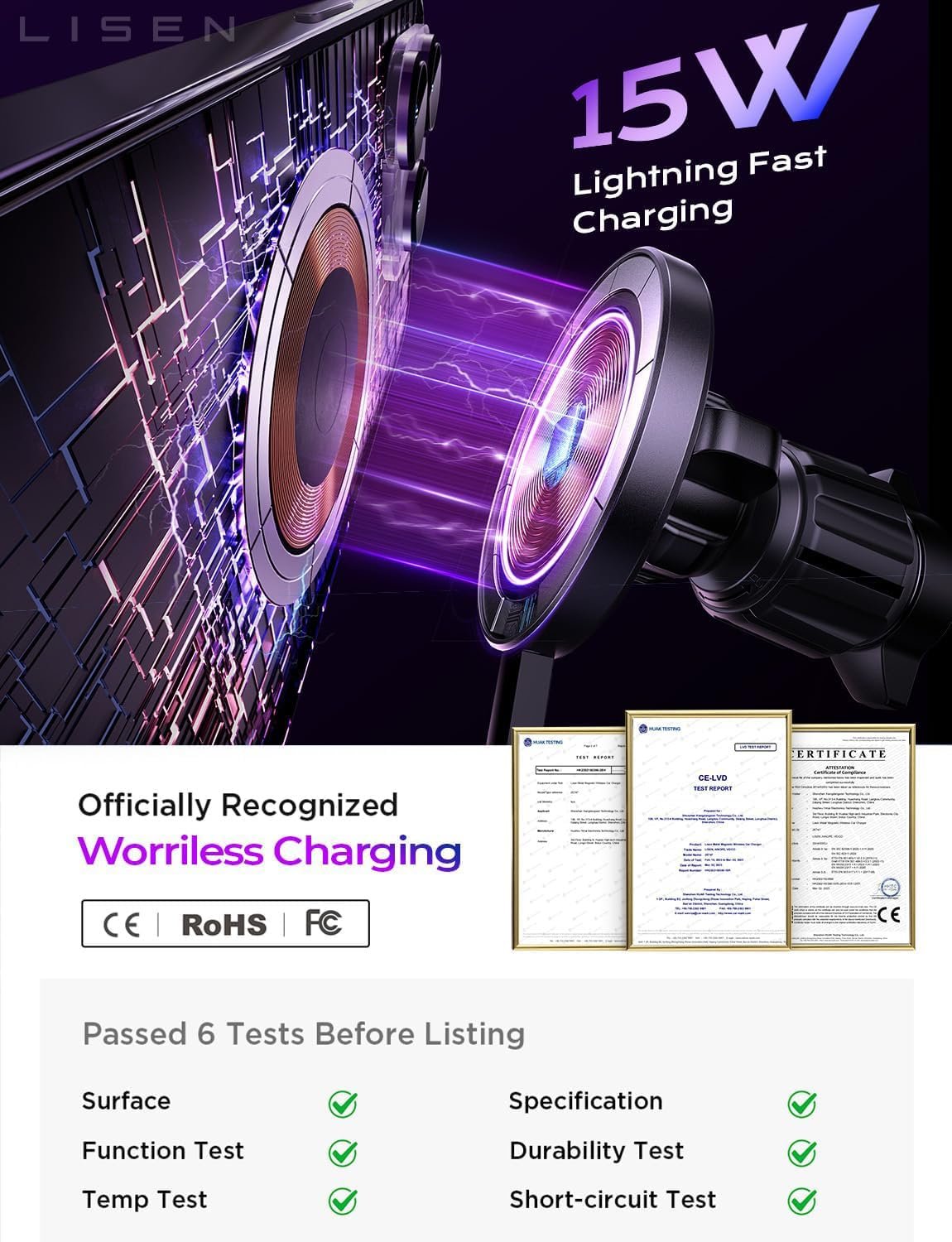 LISEN for 15W MagSafe Car Mount Charger,Magnetic Wireless Car Charger for iPhone 17 Pro Max Accessories,Magnetic Phone Holder for iPhone 17-12,Samsung,Pixel 9,Jeep Ford F150 Accessories,Gifts