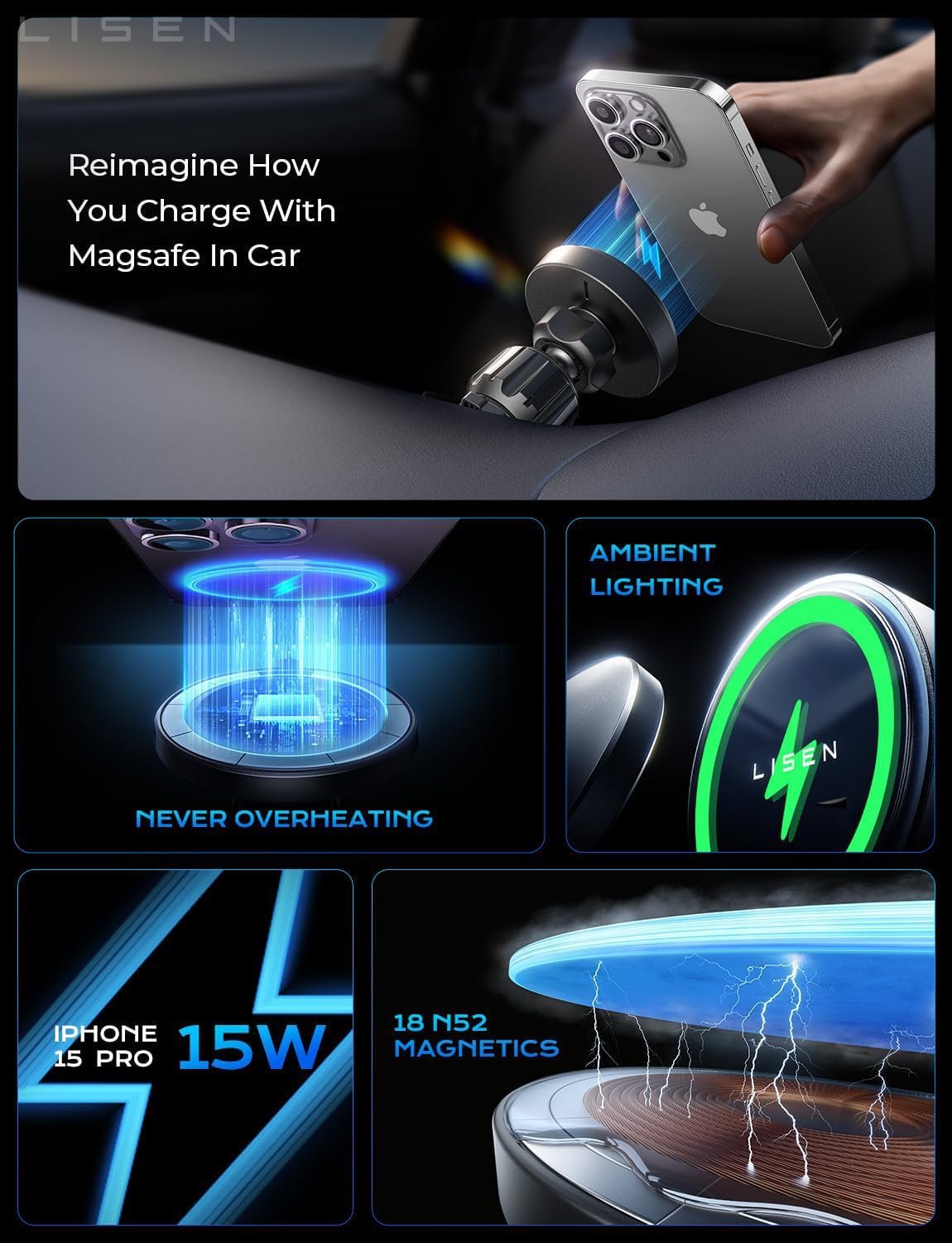 LISEN for 15W MagSafe Car Mount Charger,Magnetic Wireless Car Charger for iPhone 17 Pro Max Accessories,Magnetic Phone Holder for iPhone 17-12,Samsung,Pixel 9,Jeep Ford F150 Accessories,Gifts