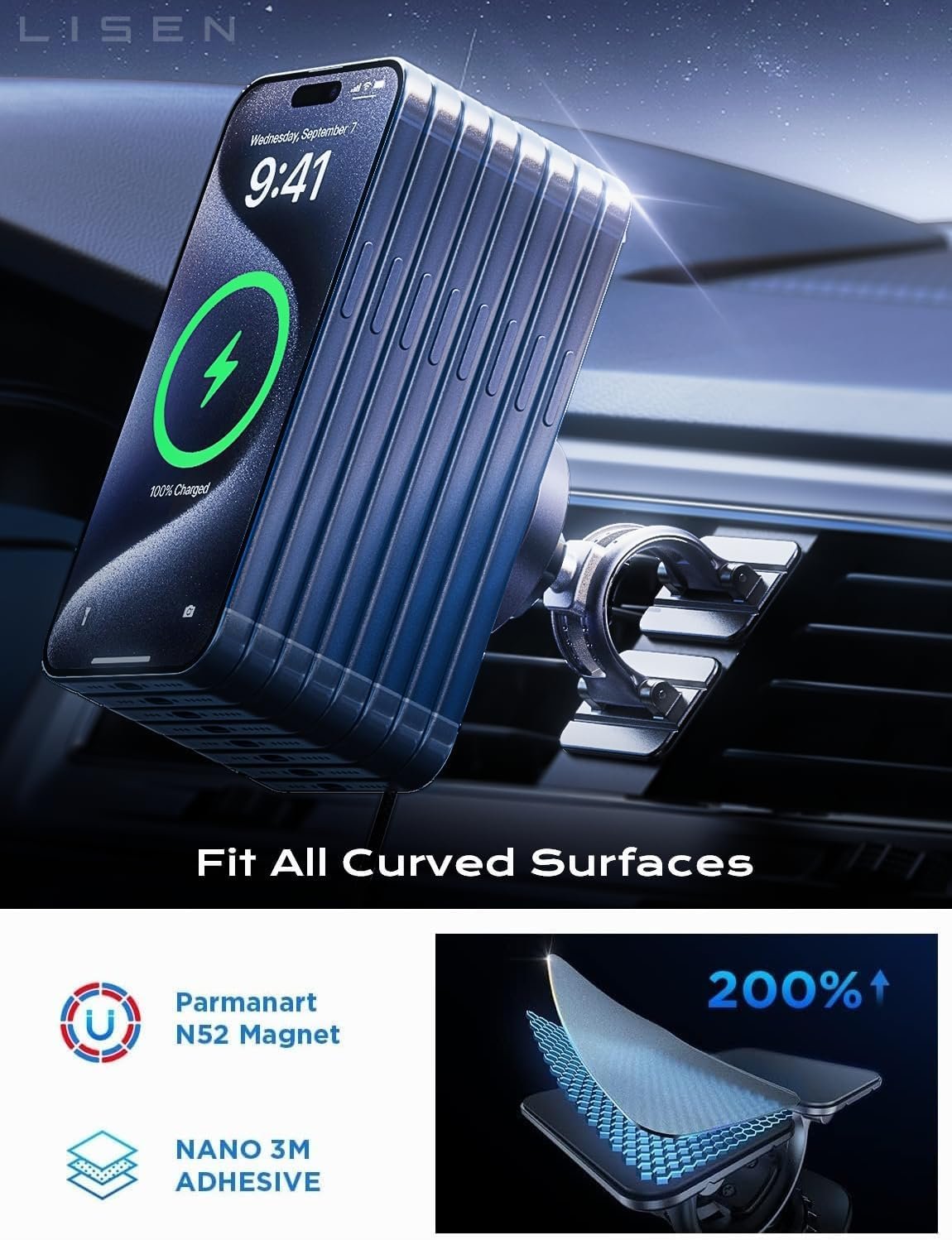 LISEN for 15W MagSafe Car Mount Charger,Magnetic Wireless Car Charger for iPhone 17 Pro Max Accessories,Magnetic Phone Holder for iPhone 17-12,Samsung,Pixel 9,Jeep Ford F150 Accessories,Gifts