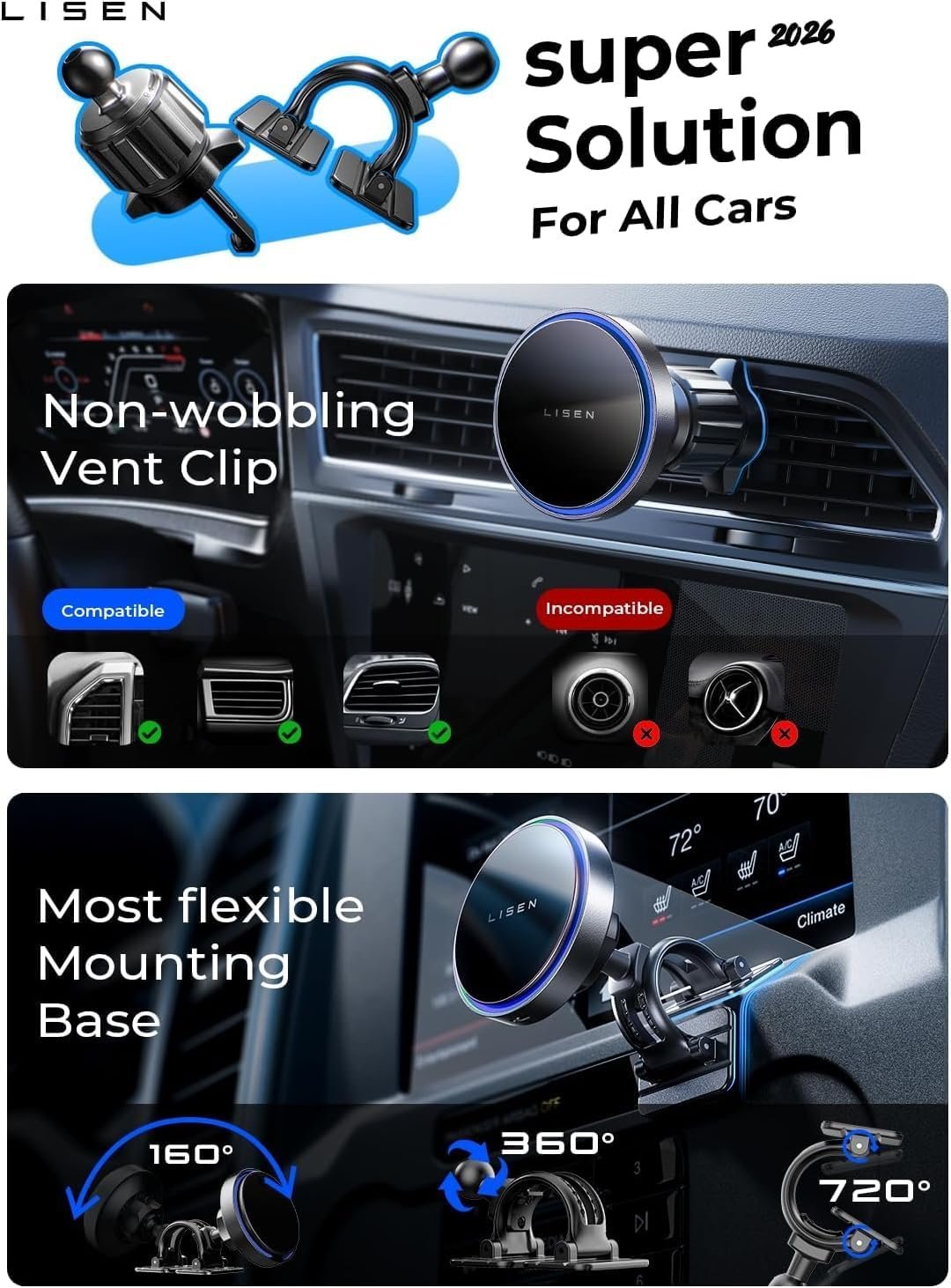 LISEN for 15W MagSafe Car Mount Charger,Magnetic Wireless Car Charger for iPhone 17 Pro Max Accessories,Magnetic Phone Holder for iPhone 17-12,Samsung,Pixel 9,Jeep Ford F150 Accessories,Gifts