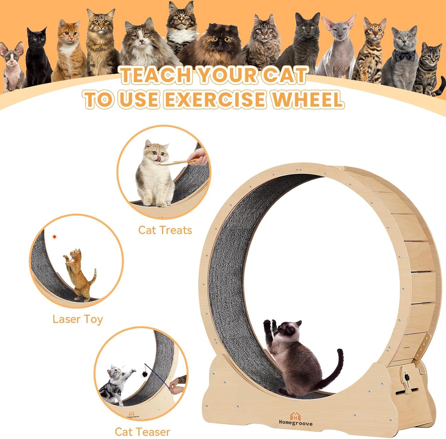Homegroove Cat Exercise Wheel for Indoor Cats, 46" Large XL Cat Running Treadmill Wheel with Carpeted Runway for Kitty’s Longer Life, Natural Wood Color(XL)