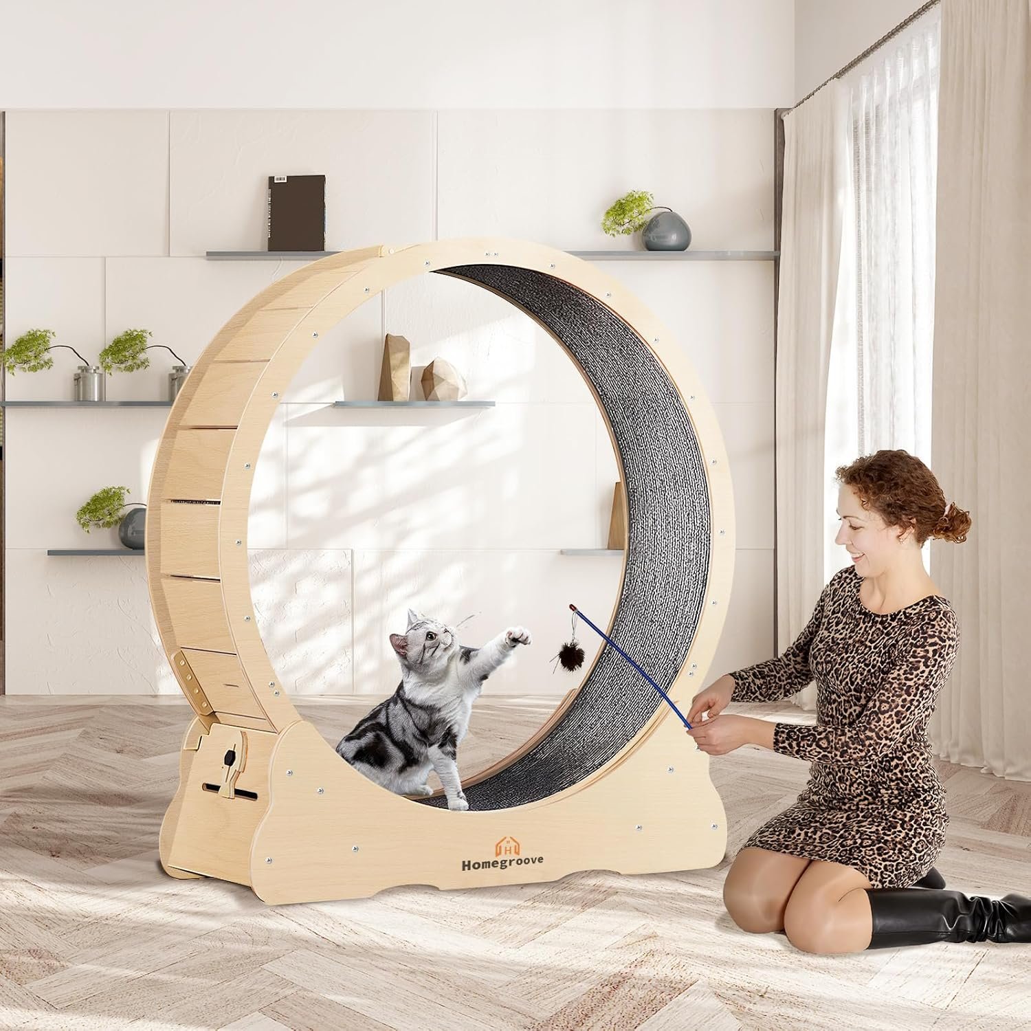Homegroove Cat Exercise Wheel for Indoor Cats, 46" Large XL Cat Running Treadmill Wheel with Carpeted Runway for Kitty’s Longer Life, Natural Wood Color(XL)