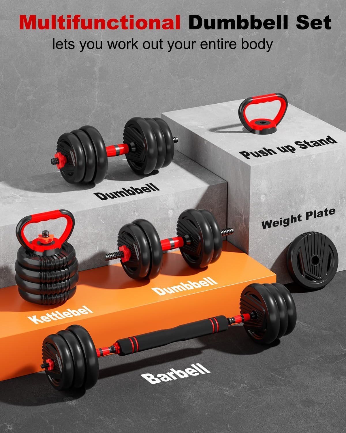 Adjustable Dumbbells, 20/30/45/70/90lbs Free Weight Set with Connector,5 in1 Dumbbells Set Used as Barbell,Kettlebells,Push up Stand,Fitness Exercises for Home Gym Suitable Men/Women