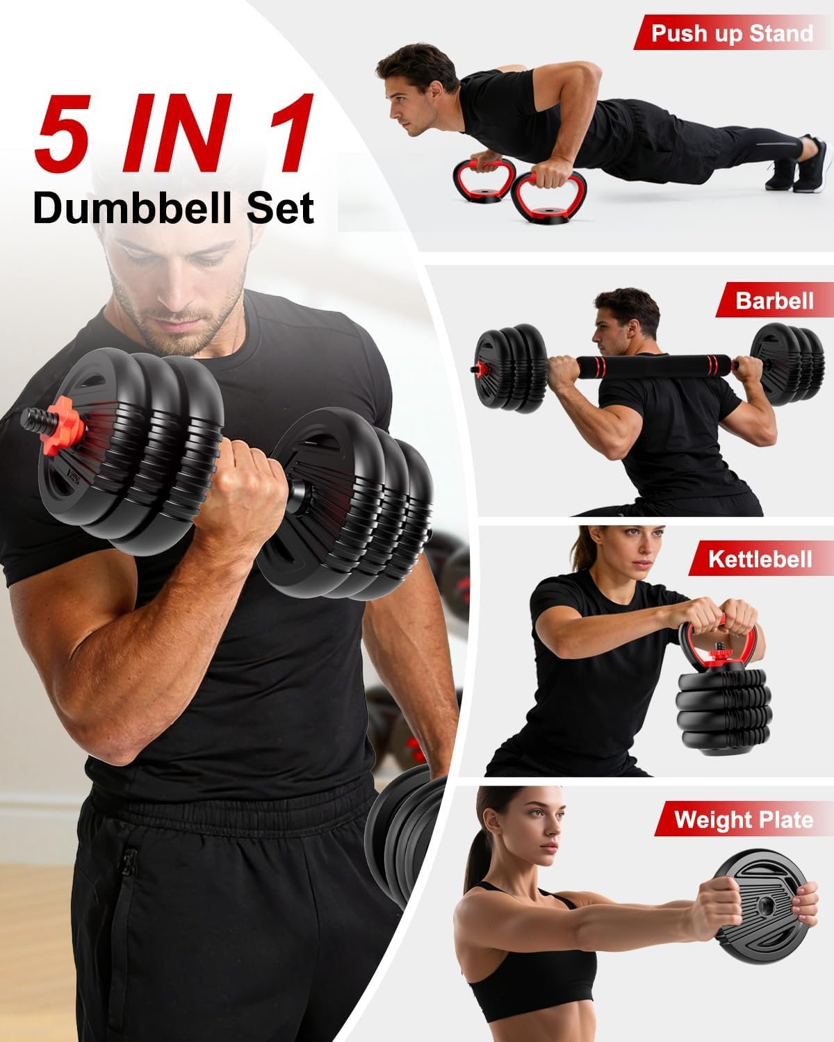 Adjustable Dumbbells, 20/30/45/70/90lbs Free Weight Set with Connector,5 in1 Dumbbells Set Used as Barbell,Kettlebells,Push up Stand,Fitness Exercises for Home Gym Suitable Men/Women