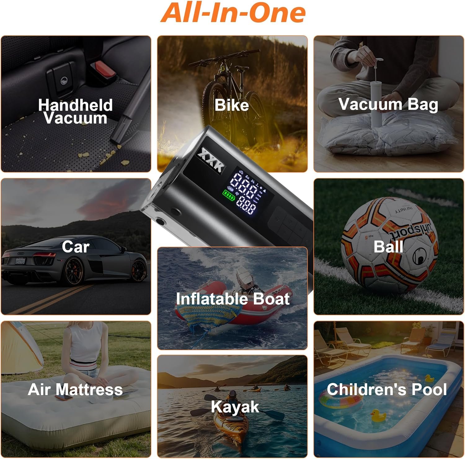 Tire Inflator Portable Air Compressor,2000A Battery Car Jump Starter, Auto Shut-Off,160PSI Air Pump with Tire Gauge Pressure&LED Light,15000PA Vacuum with Suction &Blow, for Cars, Motorcycles, Balls