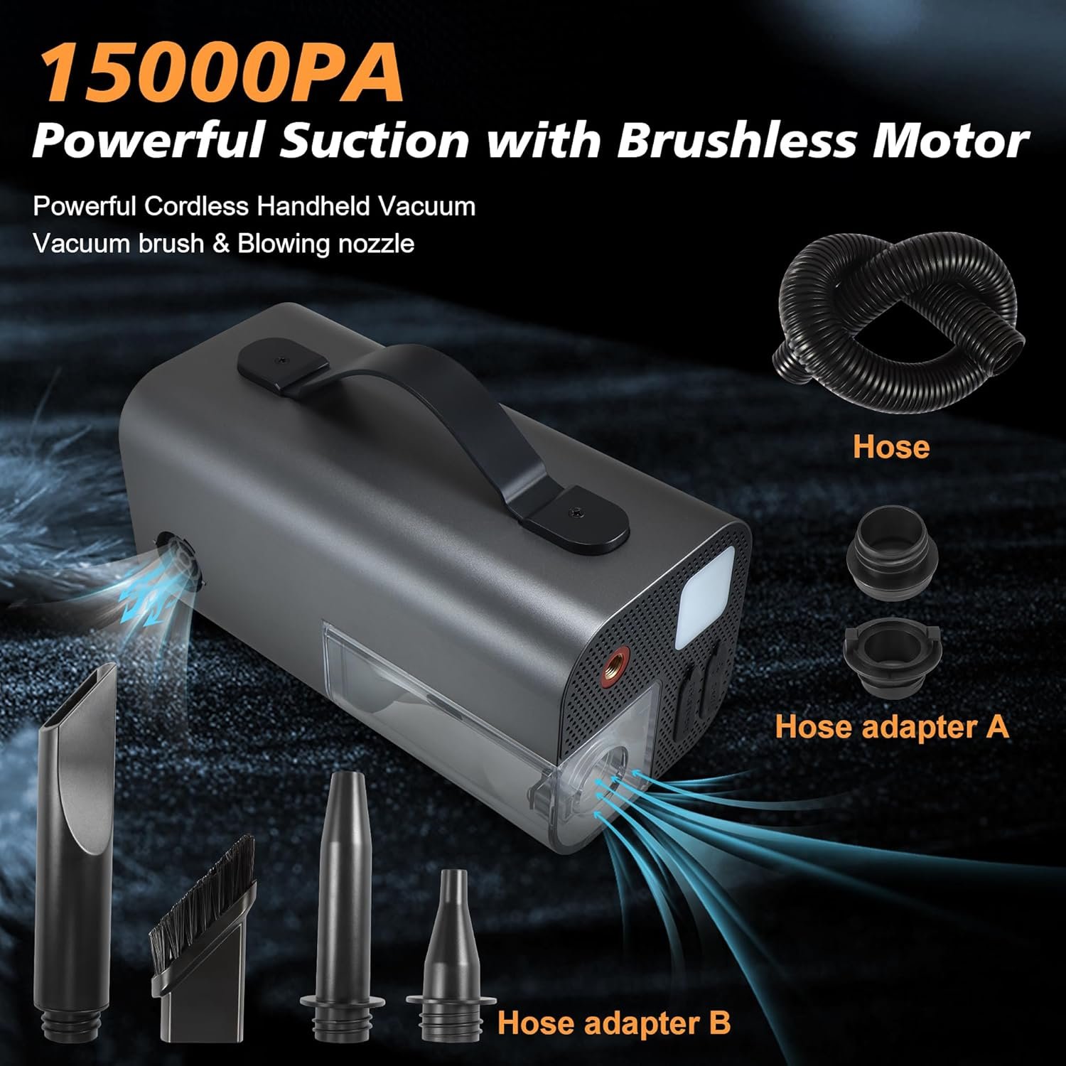 Tire Inflator Portable Air Compressor,2000A Battery Car Jump Starter, Auto Shut-Off,160PSI Air Pump with Tire Gauge Pressure&LED Light,15000PA Vacuum with Suction &Blow, for Cars, Motorcycles, Balls
