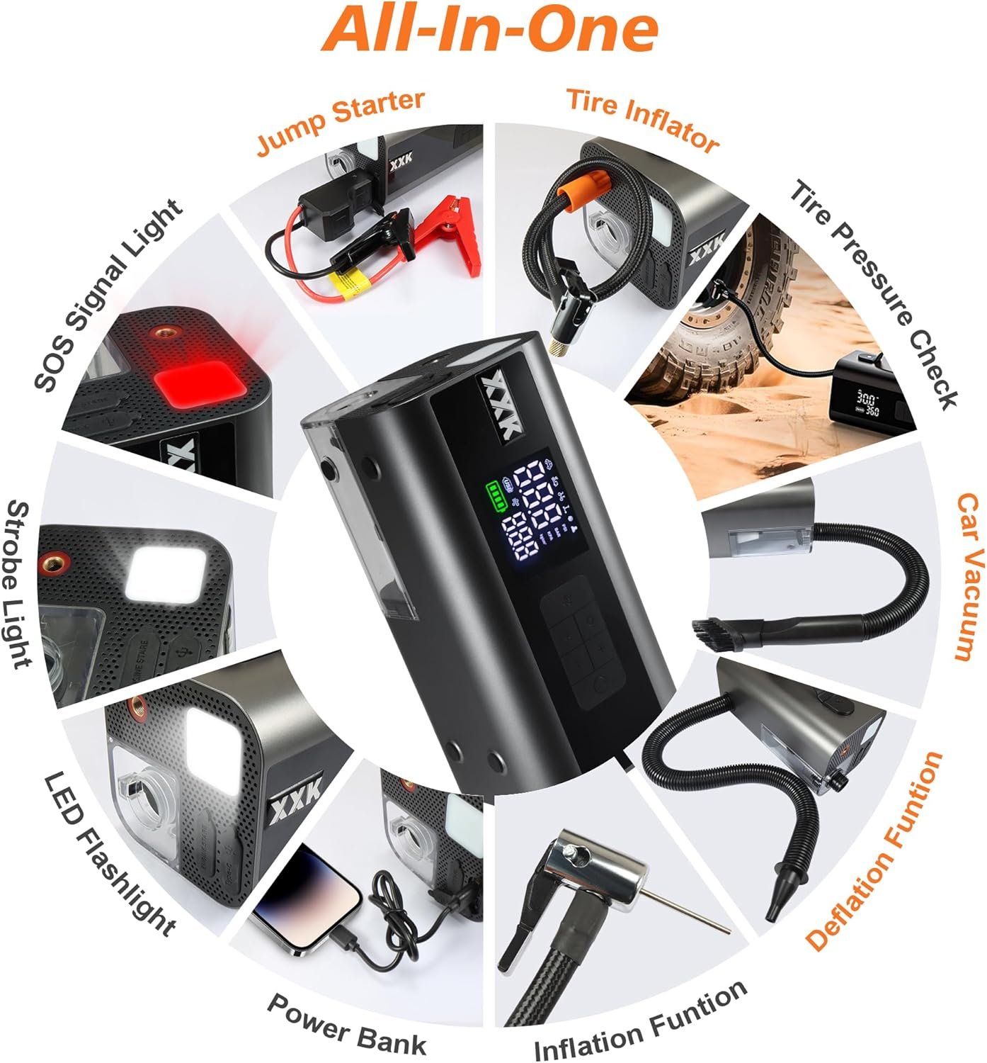 Tire Inflator Portable Air Compressor,2000A Battery Car Jump Starter, Auto Shut-Off,160PSI Air Pump with Tire Gauge Pressure&LED Light,15000PA Vacuum with Suction &Blow, for Cars, Motorcycles, Balls