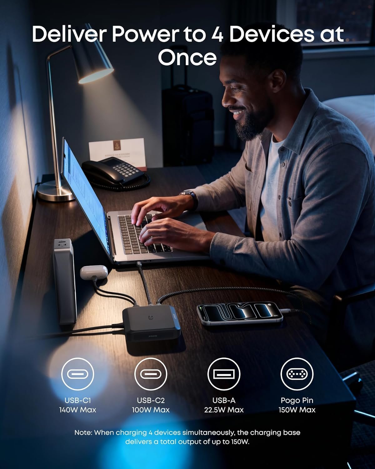Anker Charging Base, 150W Max Charging for 4 Devices, Works with Prime Power Banks with Pogo Pin, for MacBook Pro/Air, Dell, iPhone 17/16 Series, Samsung, and More (Power Bank Not Included)