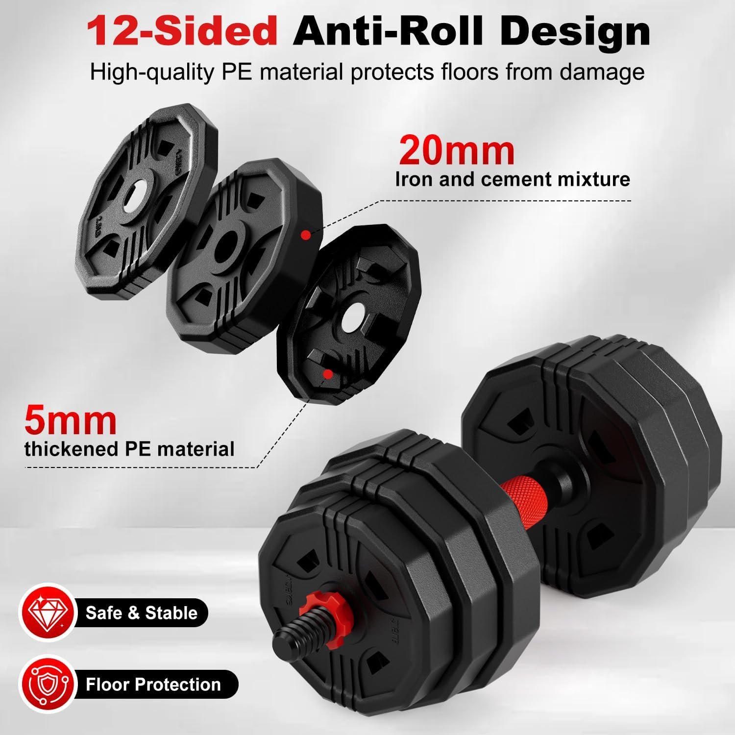 Adjustable dumbbell set, 20/30/45/70/90lbs Free Weight Set with Connector, 5 in1 Multi-Function Dumbbells Set Used as Barbell & Kettlebell, Push up Stand, Fitness for Home Gym Suitable Men/Women