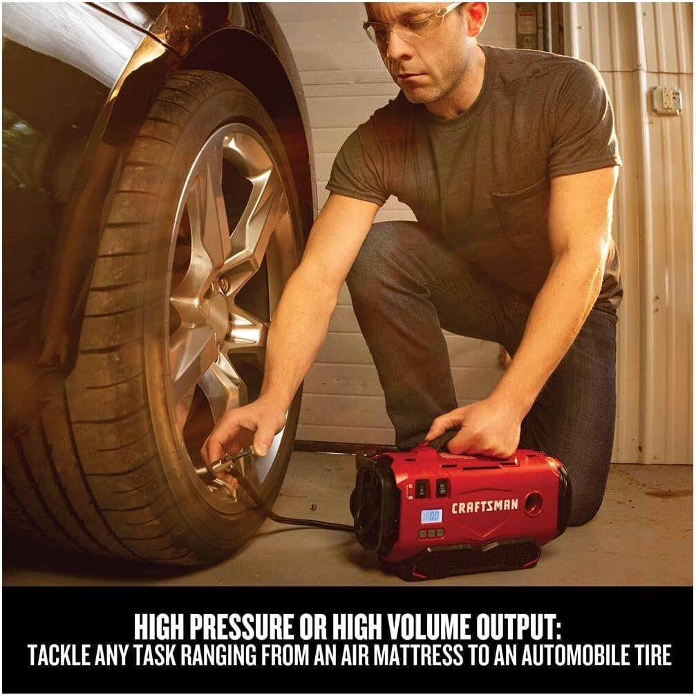 CRAFTSMAN V20 Tire Inflator Portable Air Compressor, Car Air Pump, 3 Modes Tire Pump: Cordless, 120V Corded, and 12V Car Adapter, Battery Sold Separately (CMCE520B)