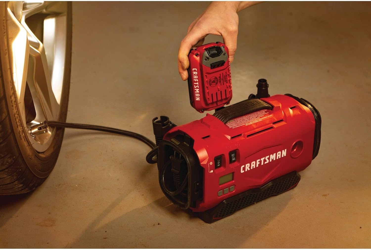 CRAFTSMAN V20 Tire Inflator Portable Air Compressor, Car Air Pump, 3 Modes Tire Pump: Cordless, 120V Corded, and 12V Car Adapter, Battery Sold Separately (CMCE520B)
